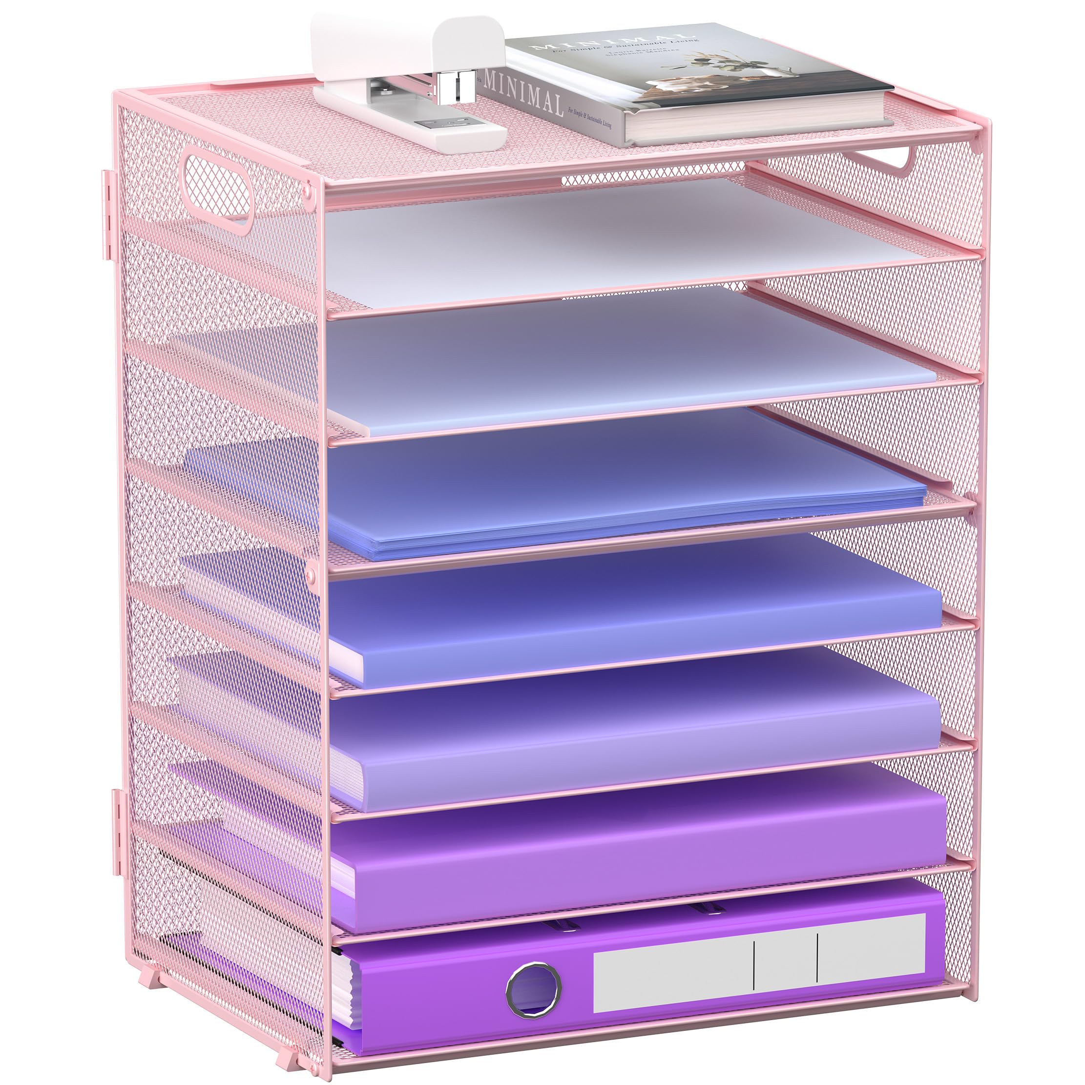 GoldOrcle 8 Tier Paper Letter Tray Organizer With Handles, Mesh Desk File Holder Storage Organization For Office School Desktop (Pink