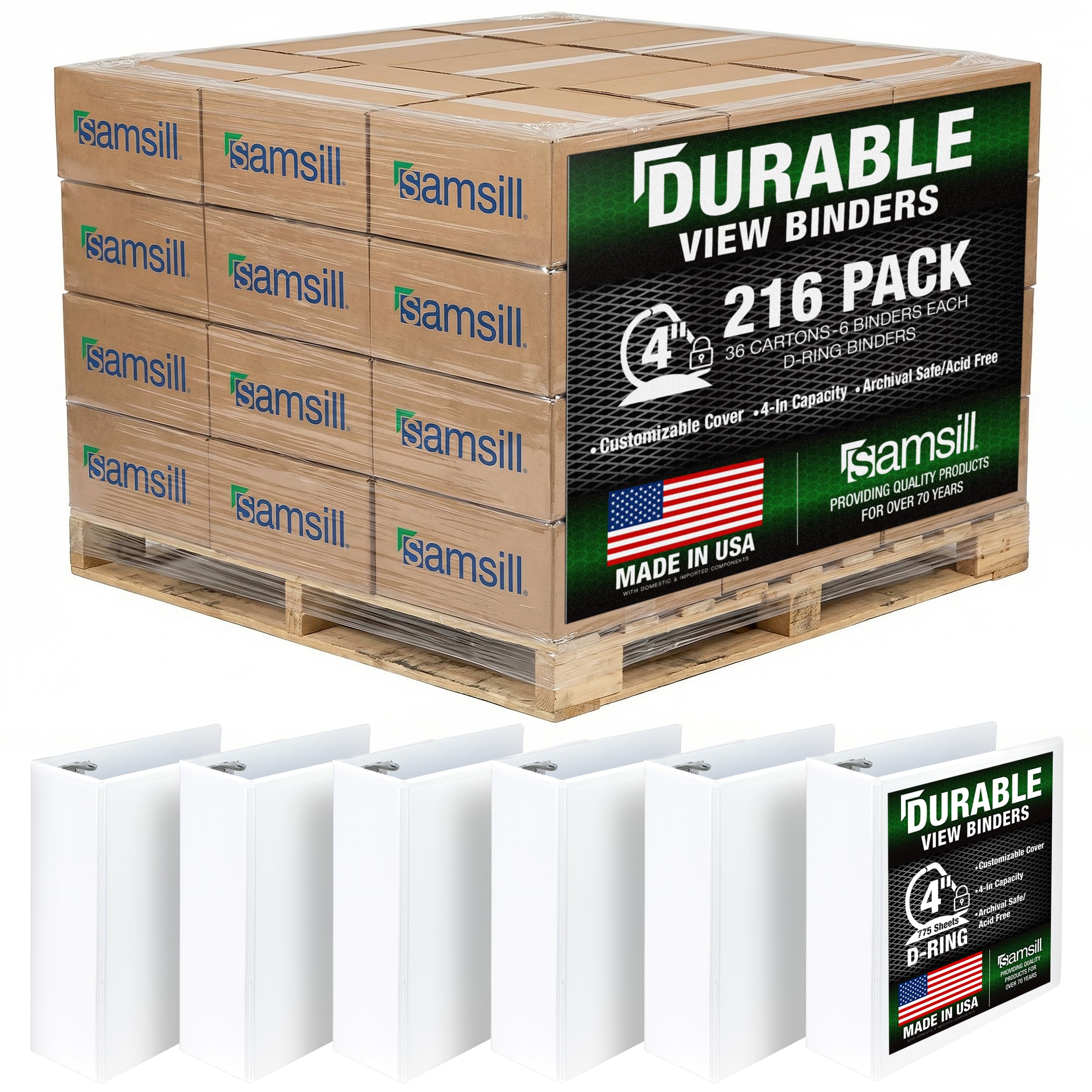 Samsill Durable 4 inch 3 Ring Binder, D Ring Binder, 100% Recycled Chipboard, White, Pallet of 216 Binders in 36 Cartons