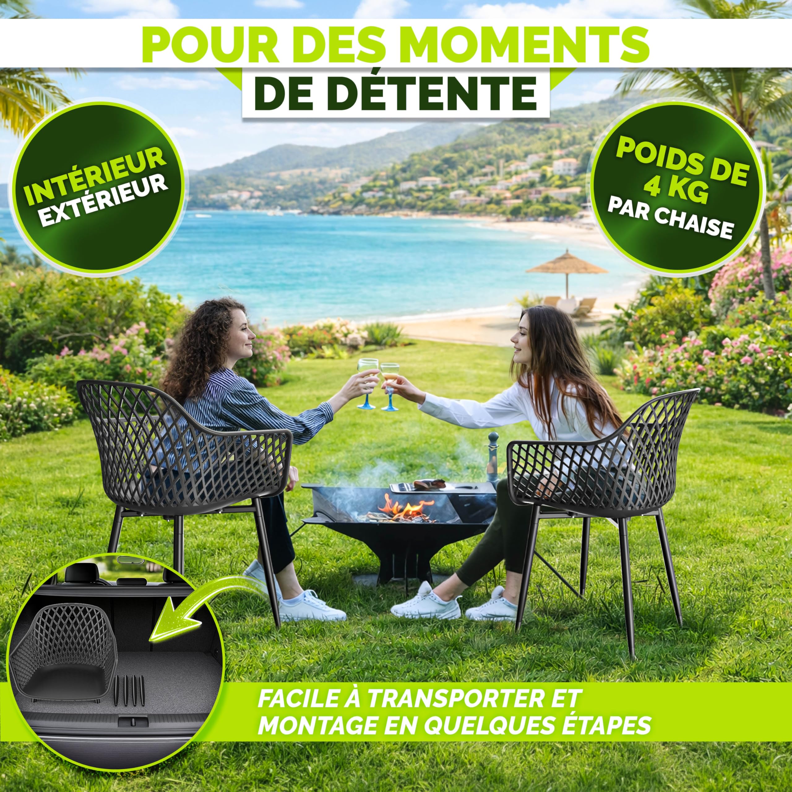 tillvex Lot de 6 chaises de jardin, résistantes aux intempéries, avec accoudoirs, charge maximale : 120 kg, résistantes aux UV, pour terrasse, balcon, extérieur, jardin