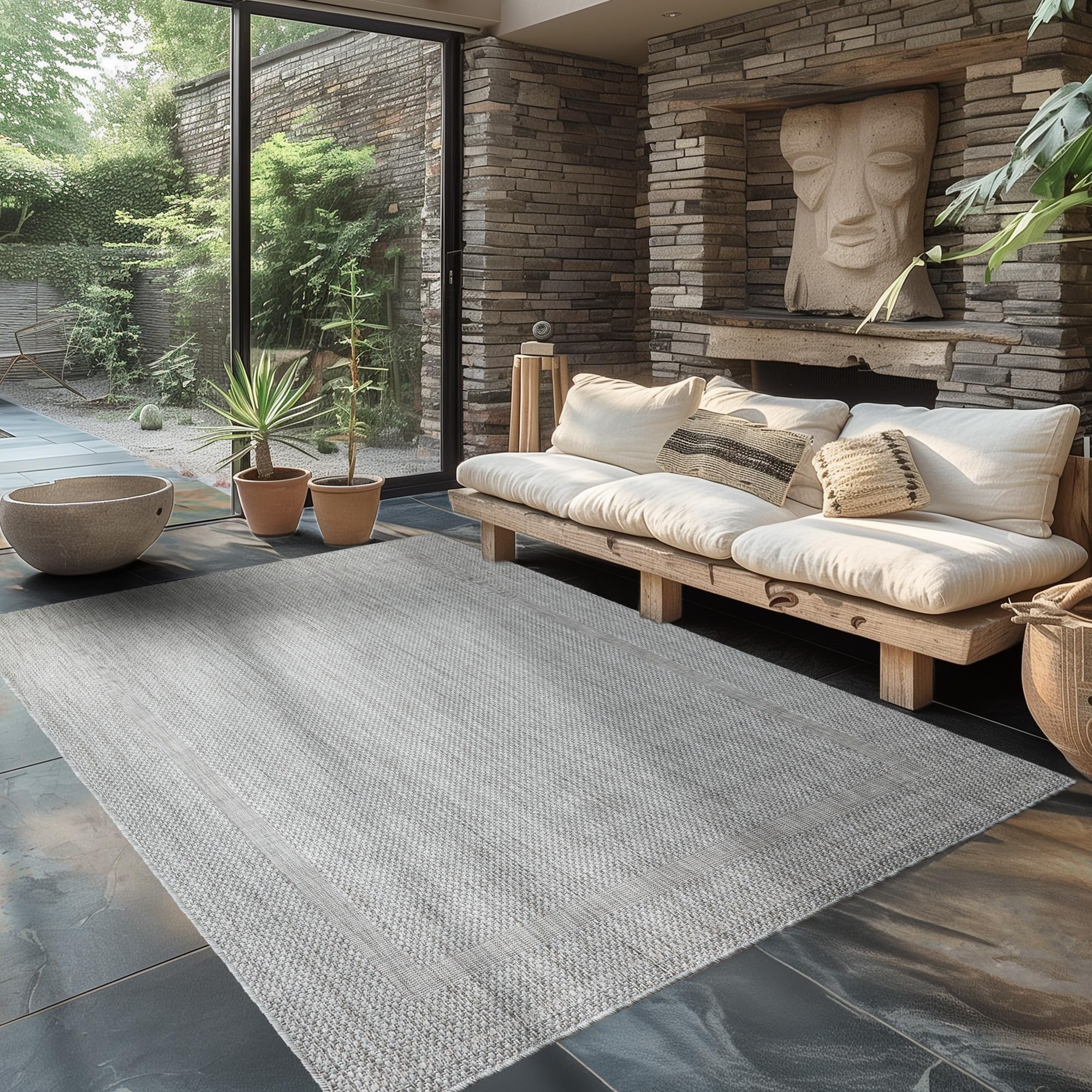 Outdoor Teppich Wetterfest Einfarbiges Design Terrasse Balkon Teppich Küche Garten Sisal-Look Küchenteppich Läufer Flur, Größe: 240 x 340 cm, Farbe: Silber