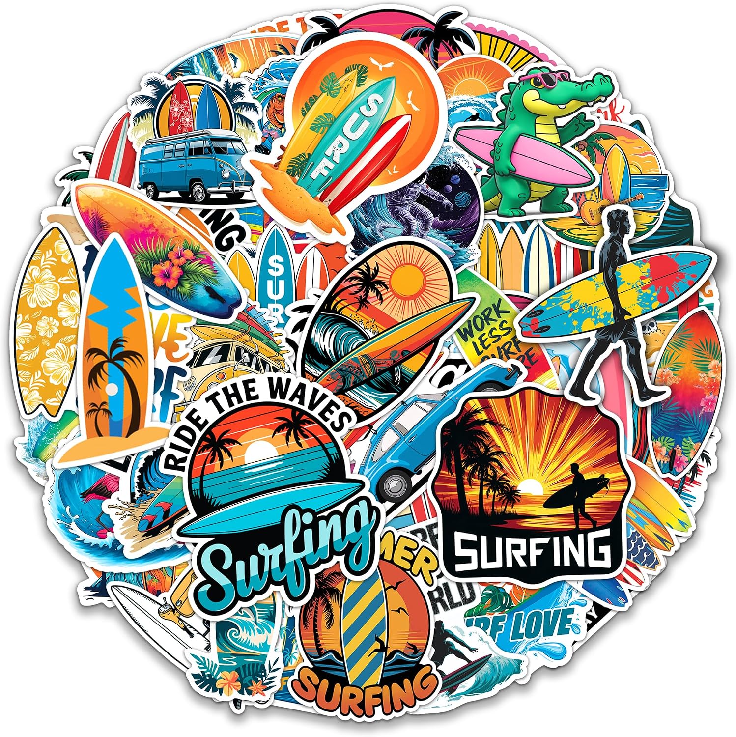 Go Surfing Stickers 50 Pieces Vinyl Waterproof Decal for Laptop Water Bottle Phone Car Window Motorcycle Stakeboard Scrapbook Wave Surfboard Sticker Gifts