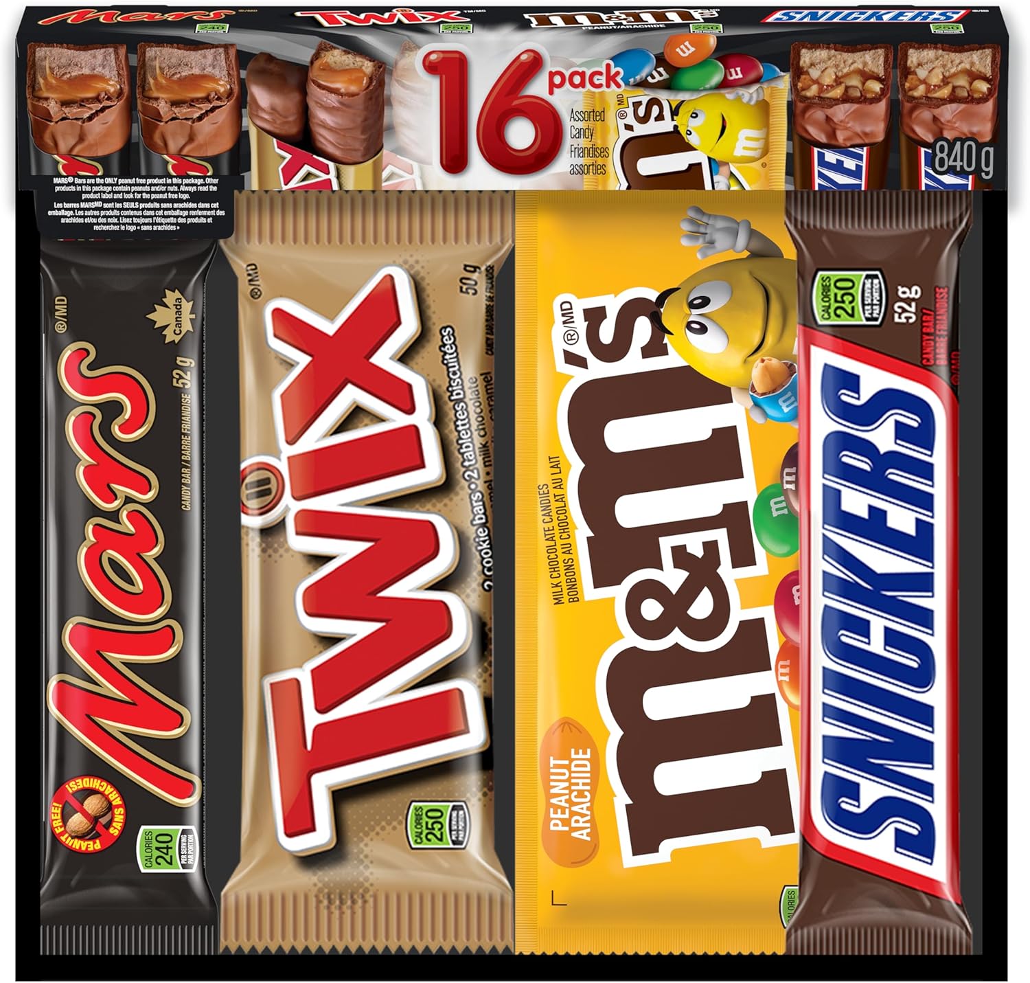 MARS, TWIX & M&MâS Peanut Assorted Chocolate Candy Bars Variety Pack, 16 Full Size Bars (840g) â Individually Wrapped Mixed Chocolate Favourites