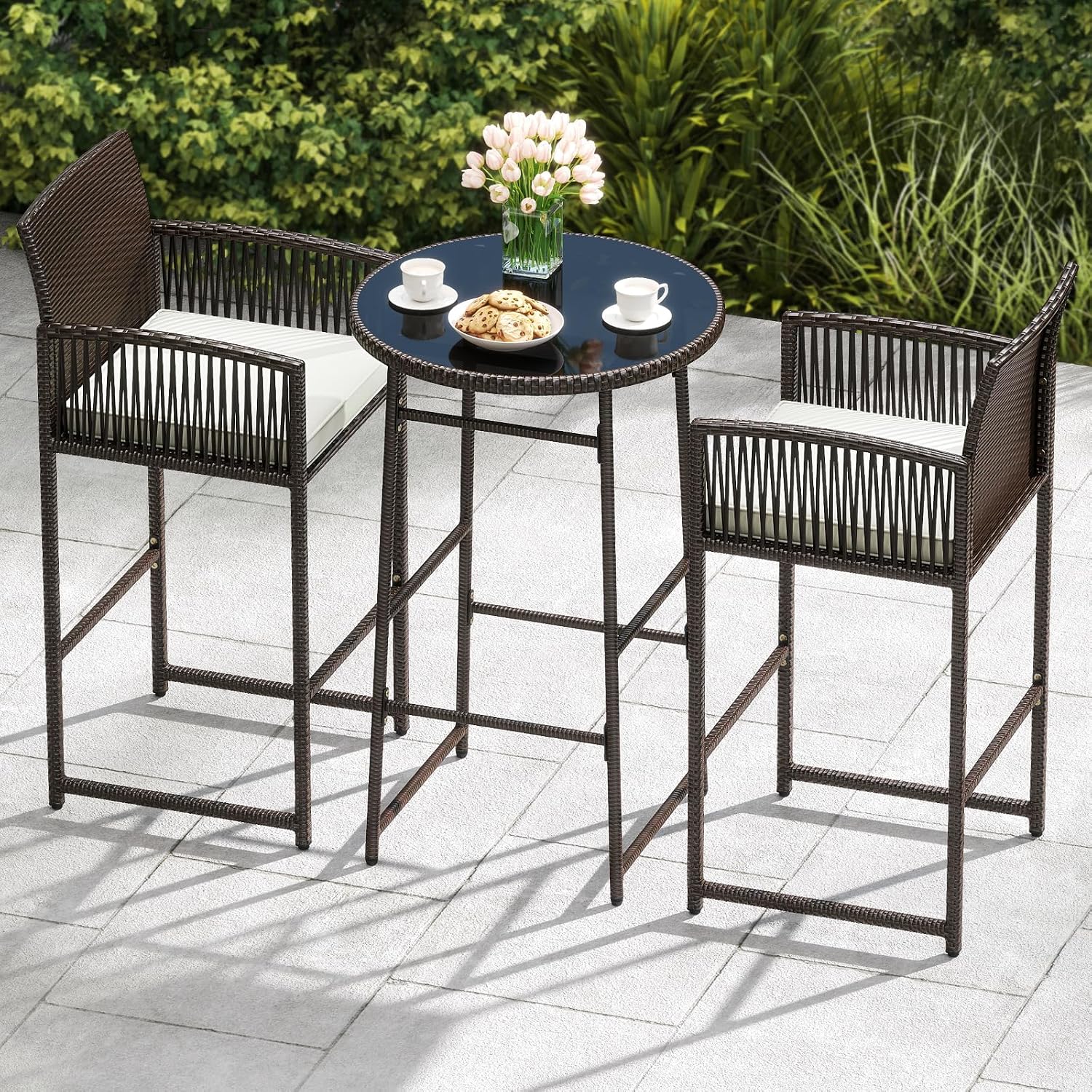 Tangkula 3 Piece Patio Bar Set, Outdoor Wicker Bar Height Glass Top Table & 2 Cushioned Bartools Heavy Duty, for Backyard, Poolside, Porch