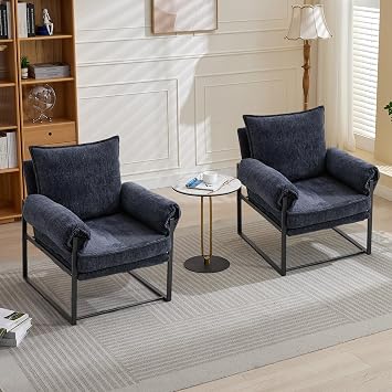 Modern Chenille Fabric Accent Chair with Adjustable Backrest for Living Room, Comfy Reclining Chair for Lounge for Reading, Upholstered Chair with Metal Legs,2PCDark Blue