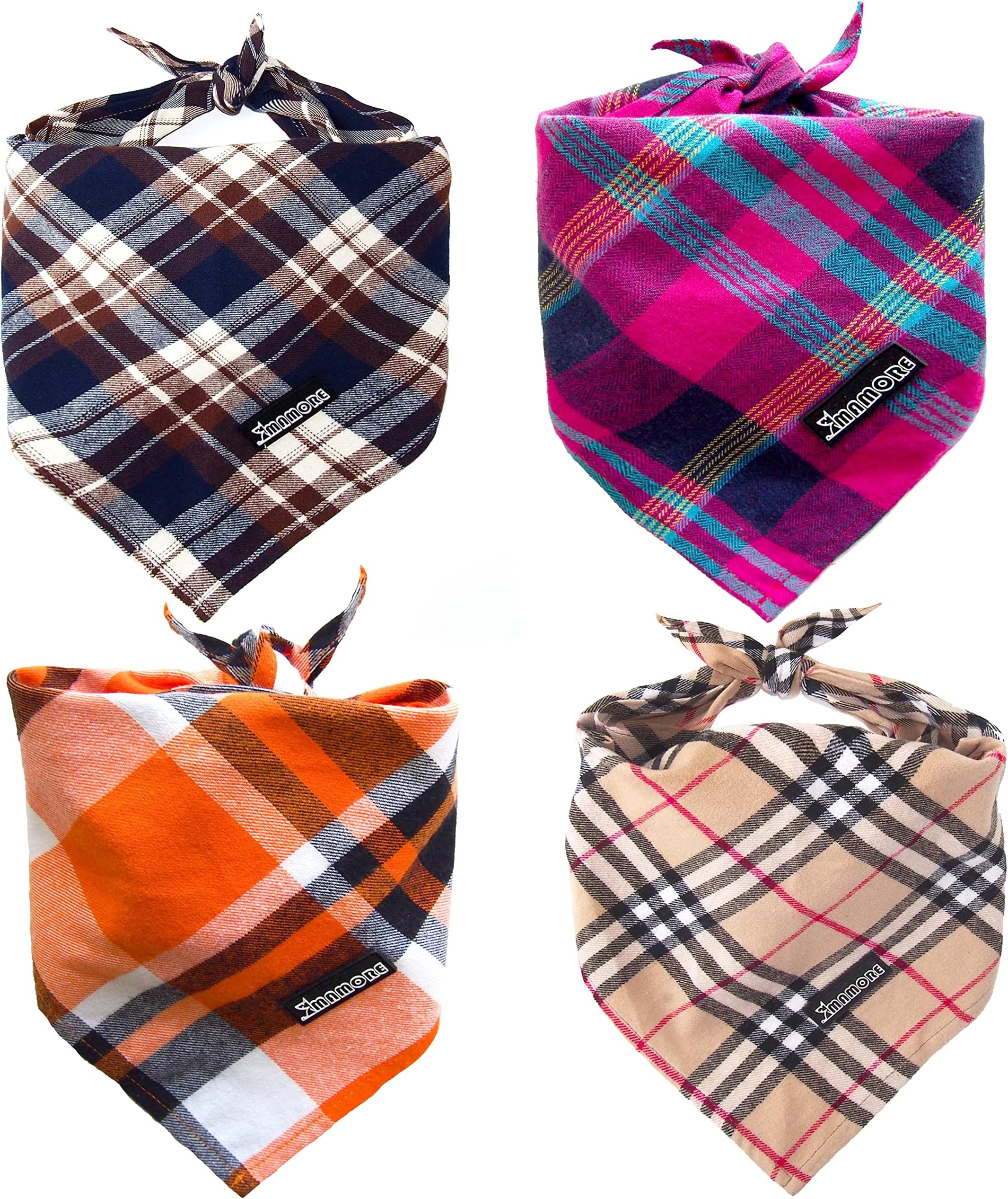 MAMORE Plaid Dog Bandanas, 4 Pack Soft Adjustable Triangle Bibs Square Cotton Scarf Kerchief Washable Pet Bandana for Small Medium Large Dogs (Large, Classic Plaid Pack)