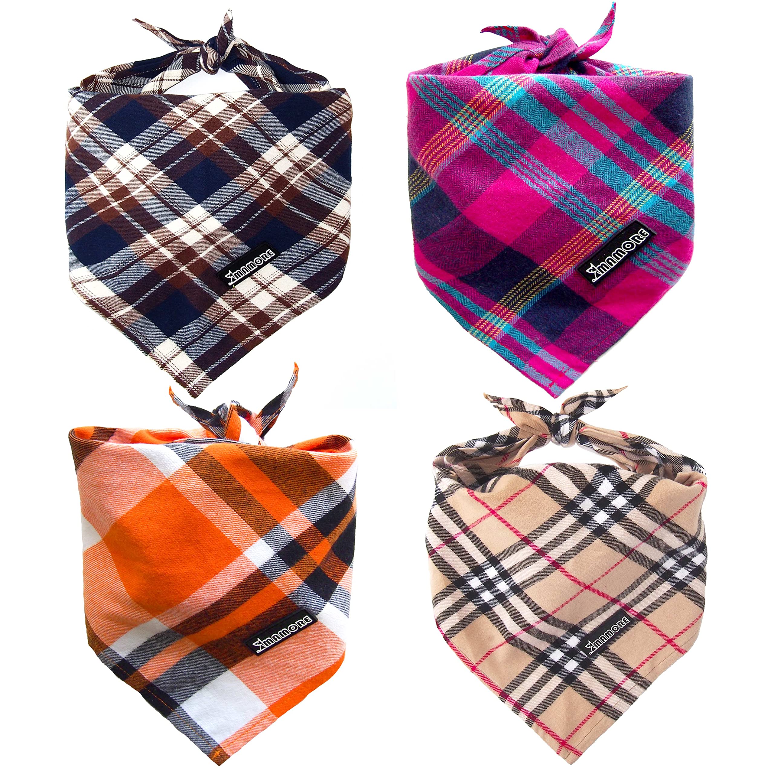 MAMORE Plaid Dog Bandanas, 4 Pack Soft Adjustable Triangle Bibs Square Cotton Scarf Kerchief Washable Pet Bandana for Small Medium Large Dogs (Large, Classic Plaid Pack)