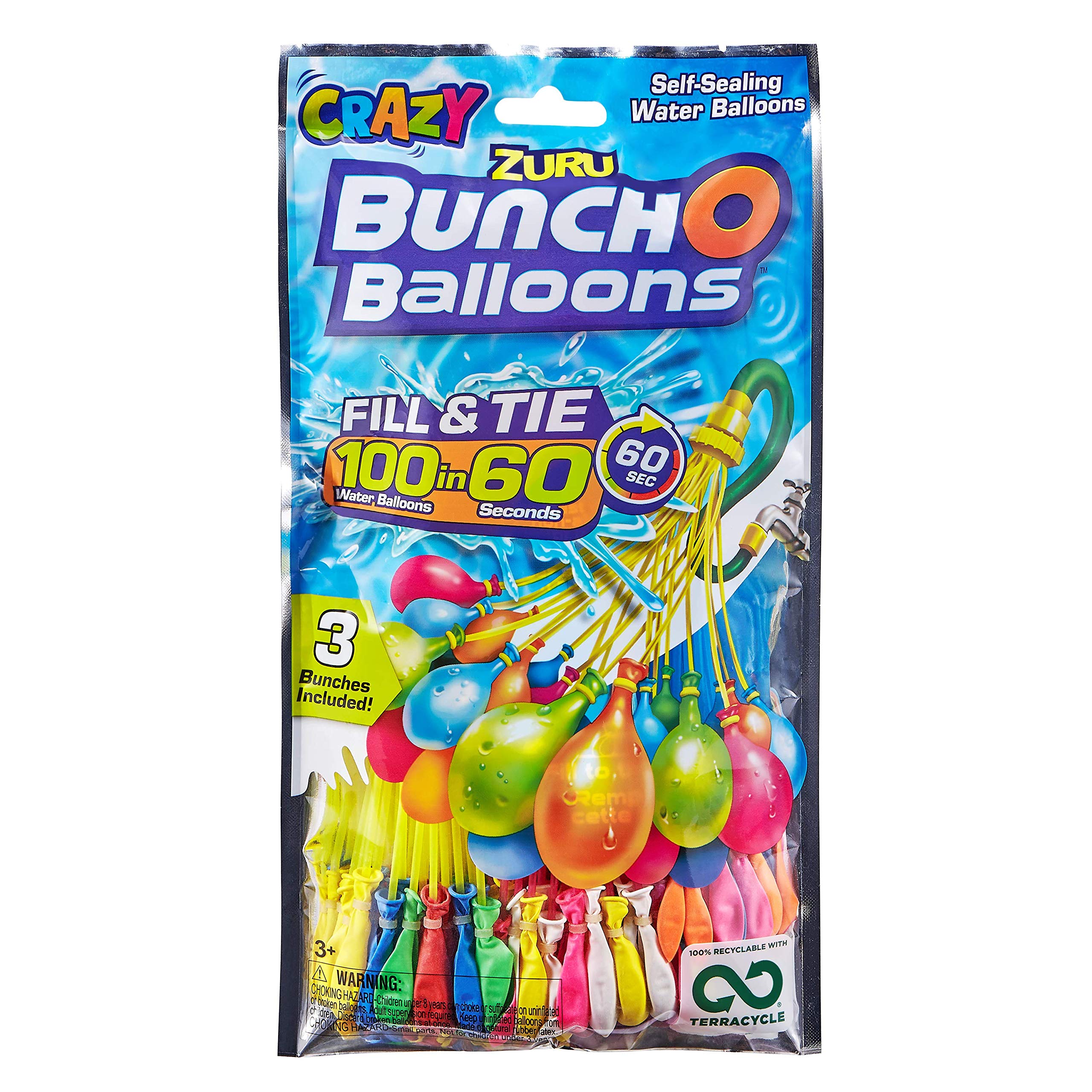 SHS-Yardcrazy1 ZURU Bunch O Balloons - 105 Pieces / 100 in 60 Seconds/Self-Closing/Water Balloons / 3 Bundles of 35 Water Bombs/Water Balloons Seal/Self Seal/Crazy
