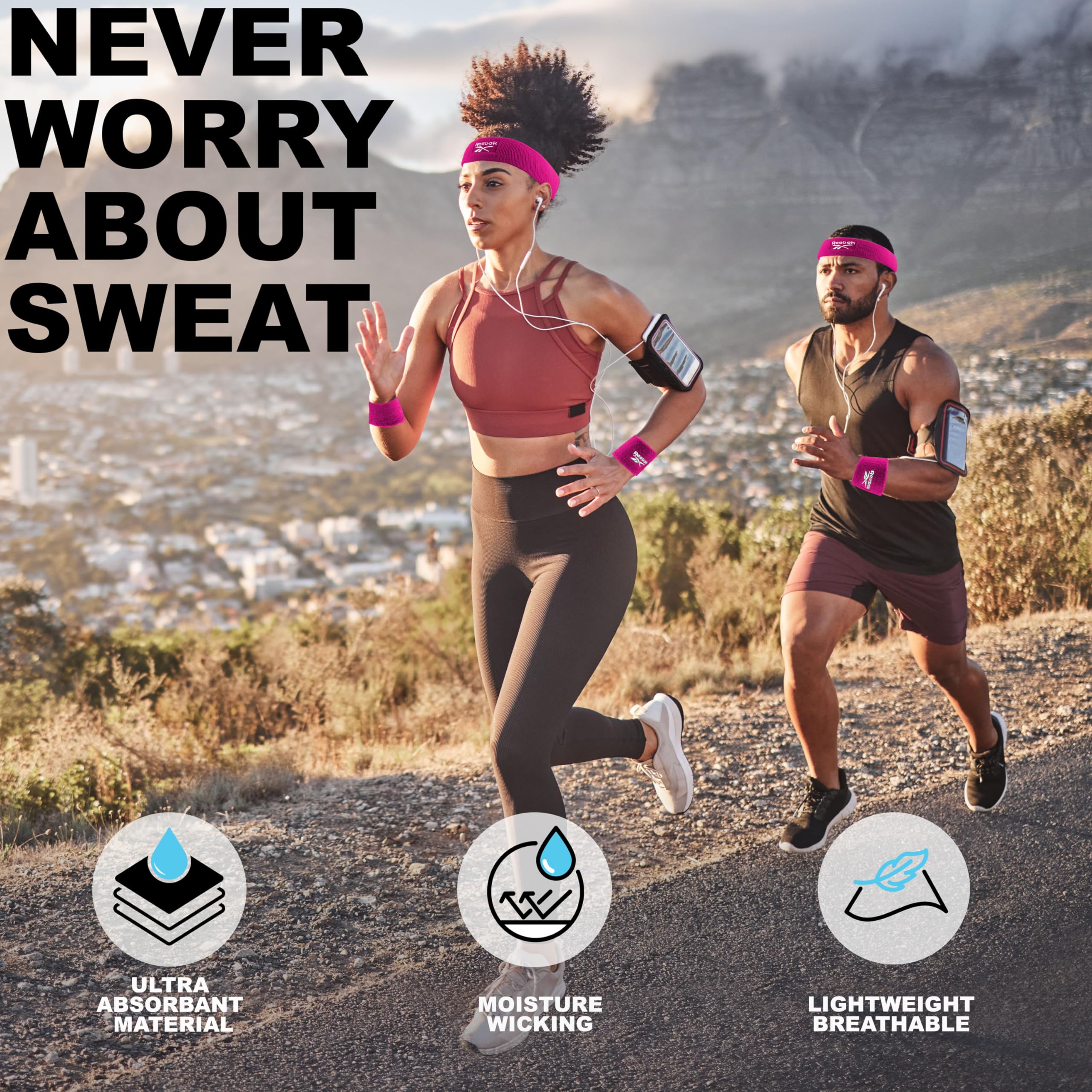 Reebok 3-częściowy zestaw sportowych opasek przeciwpotnych unisex – opaska treningowa 5,7 cm i opaski na nadgarstek 8,3 cm z technologią Stay Dry, tkanina odprowadzająca wilgoć, wysokiej jakości