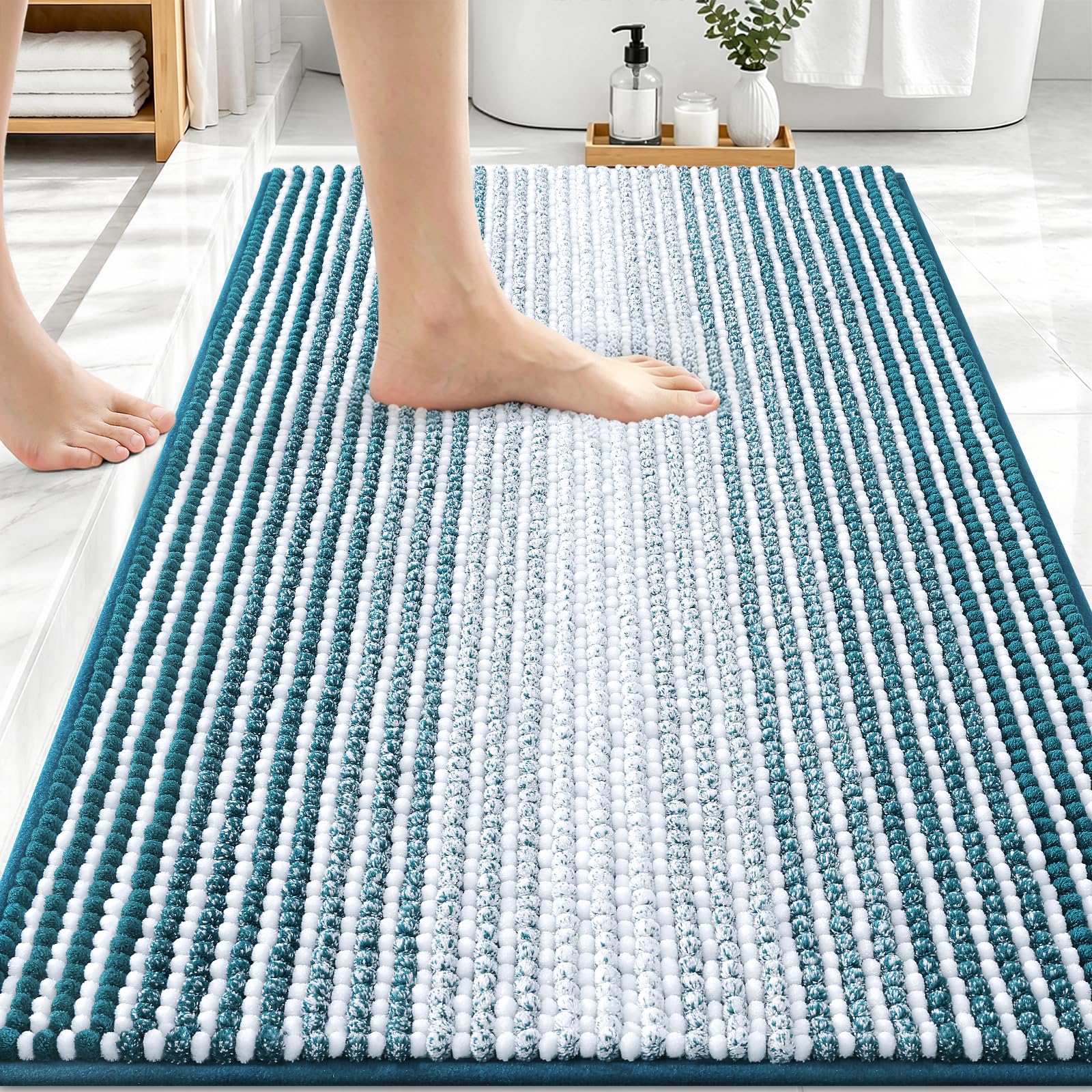OLANLY Bathroom Rugs 30x20, Soft Chenille Striped Bath Rugs, Peacock Blue
