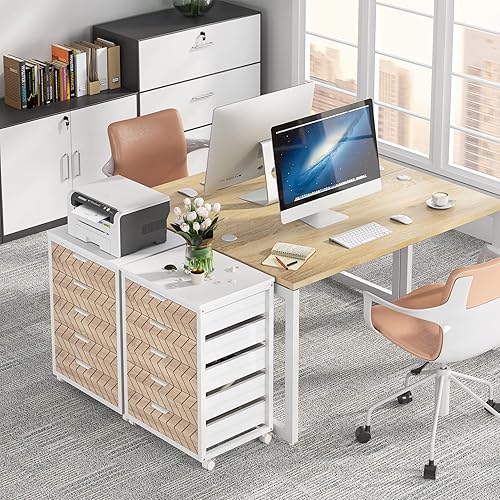 Miniatura 4 de Tribesigns Cómoda de 5 cajones, armario de almacenamiento de madera con ruedas, carrito organizador de cajones de almacenamiento industrial para