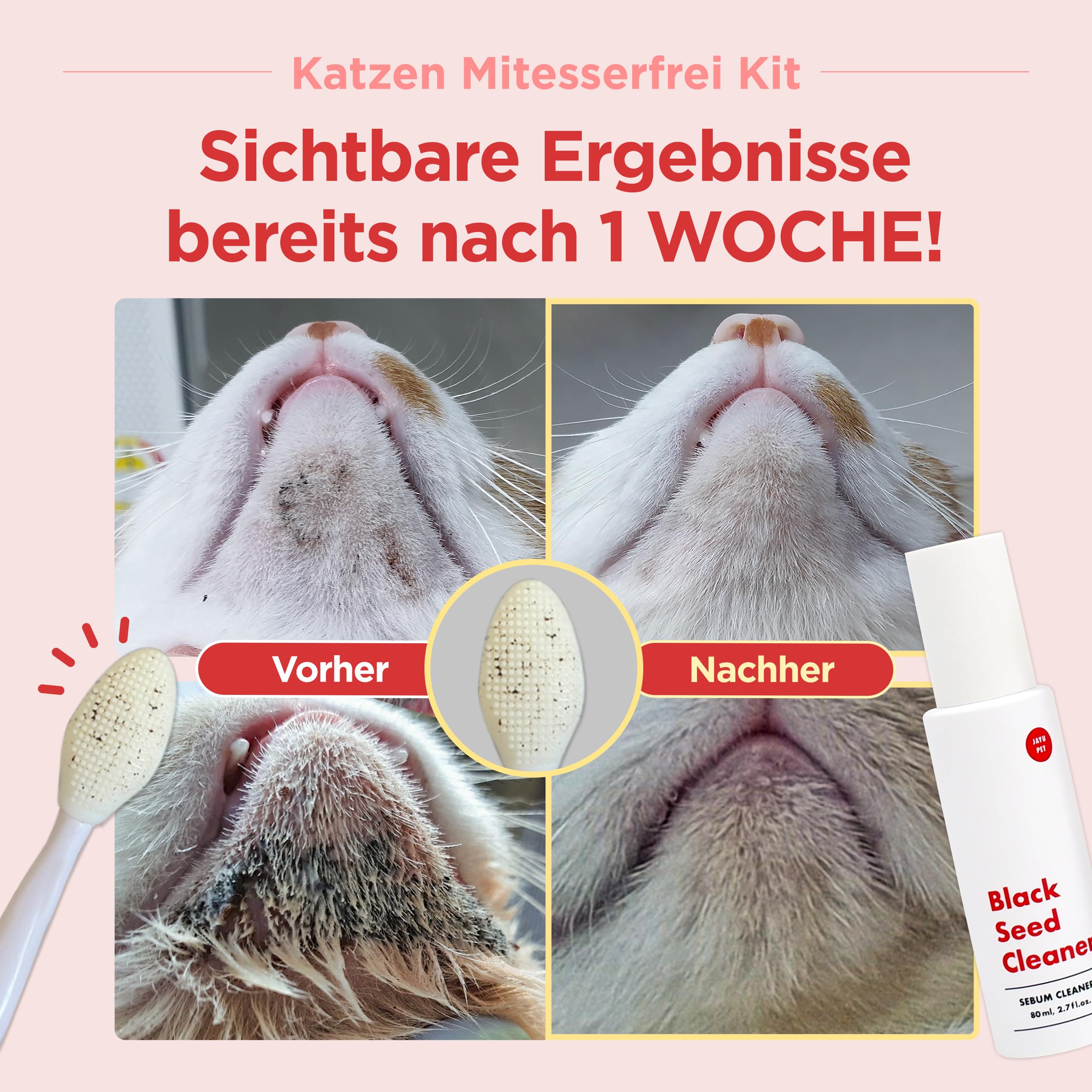 JAYU PET Katzen Mitesserfrei Kit – Mitesser-Entferner & Kinnakne Behandlung für Katzen, Schwarzkümmel Reiniger mit Silikon Peeling Bürste, hypoallergen, sanfte Katzenpflege für klare Haut