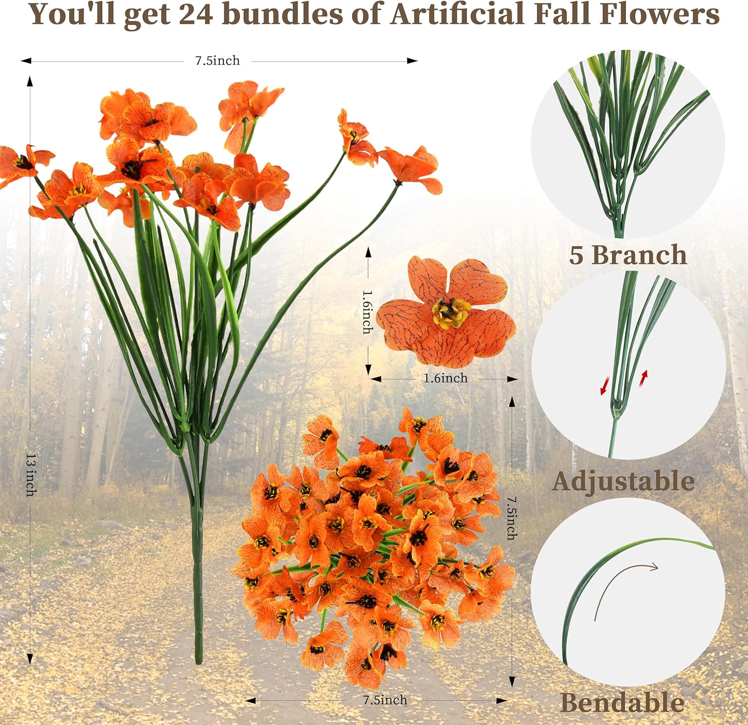 24 Bundles Artificial Mums for Outdoors/Indoors Faux Mums for Outdoor Planters, Fall Flowers Artificial for Decoration Garden Porch Window Box Home Wedding Farmhouse - Image 2