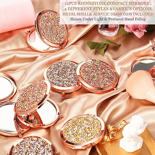 Miniatura 2 de Cindeer 12 Pcs Small Compact Mirror Folding Pocket Makeup Round Hand Held Cosmetic Magnifying Compact Rhinestone Mirror with 1X/2X Magnification for