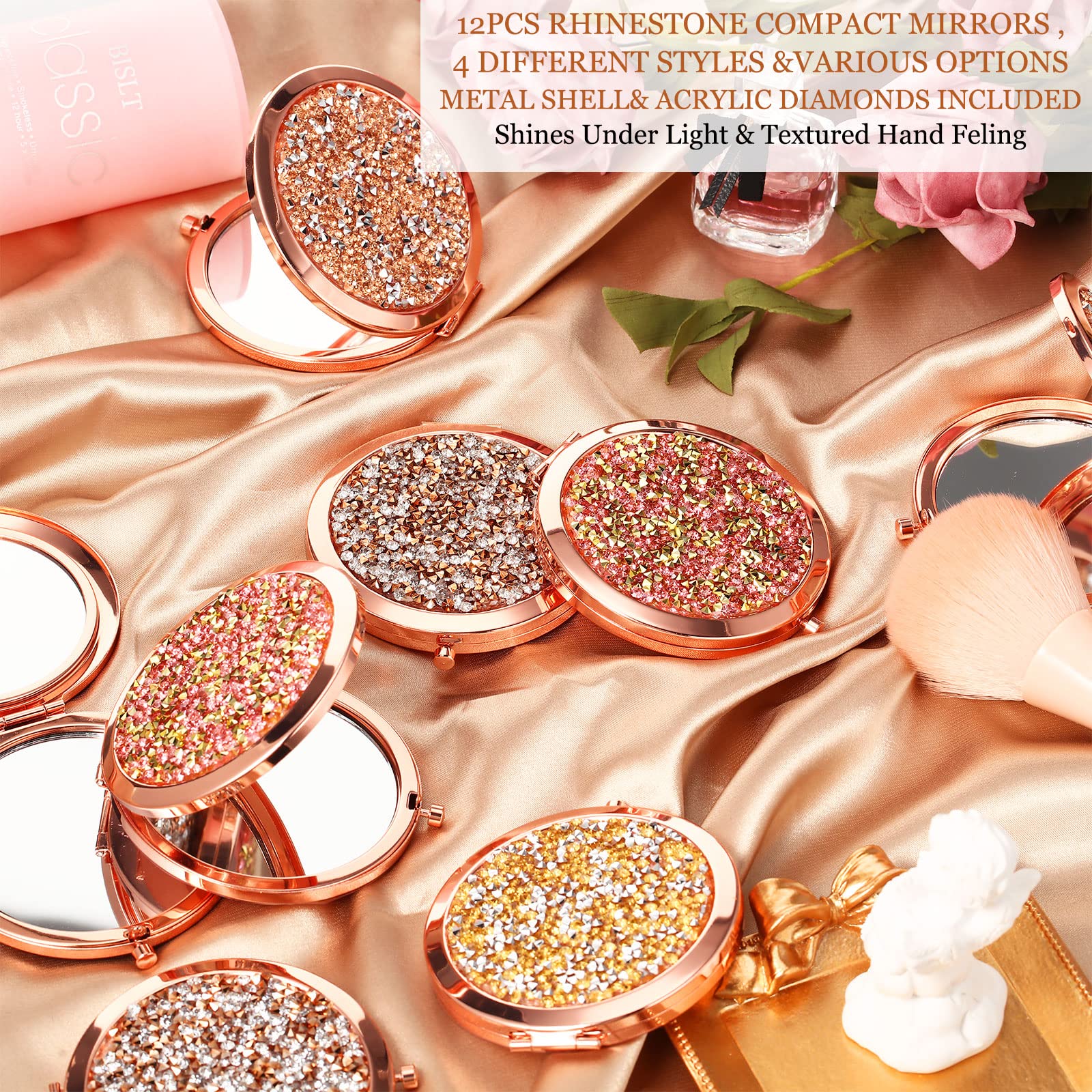 Espejo compacto pequeño de bolsillo plegable espejo de maquillaje redondo de mano espejo de aumento cosmético, espejo compacto de diamantes de imitación con aumento 1X2X para mujeres y niñas de