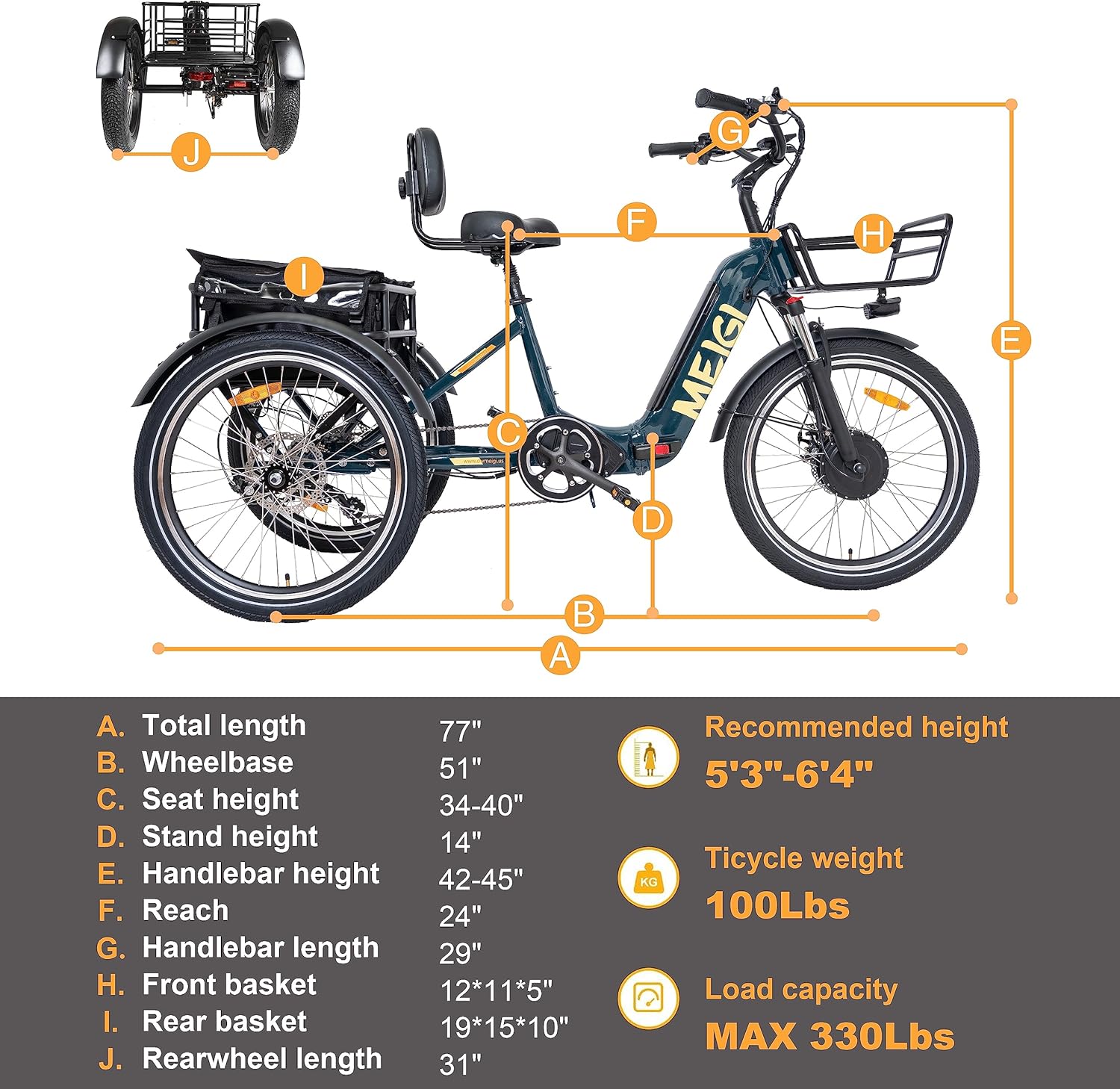 DWMEIGI 3 Wheel Electric Bicycle 750W Motor 48V 13AH Battery with Turn Signal Reserve Gear, Foldable 24" Tire Electric Cruiser Tricycle
