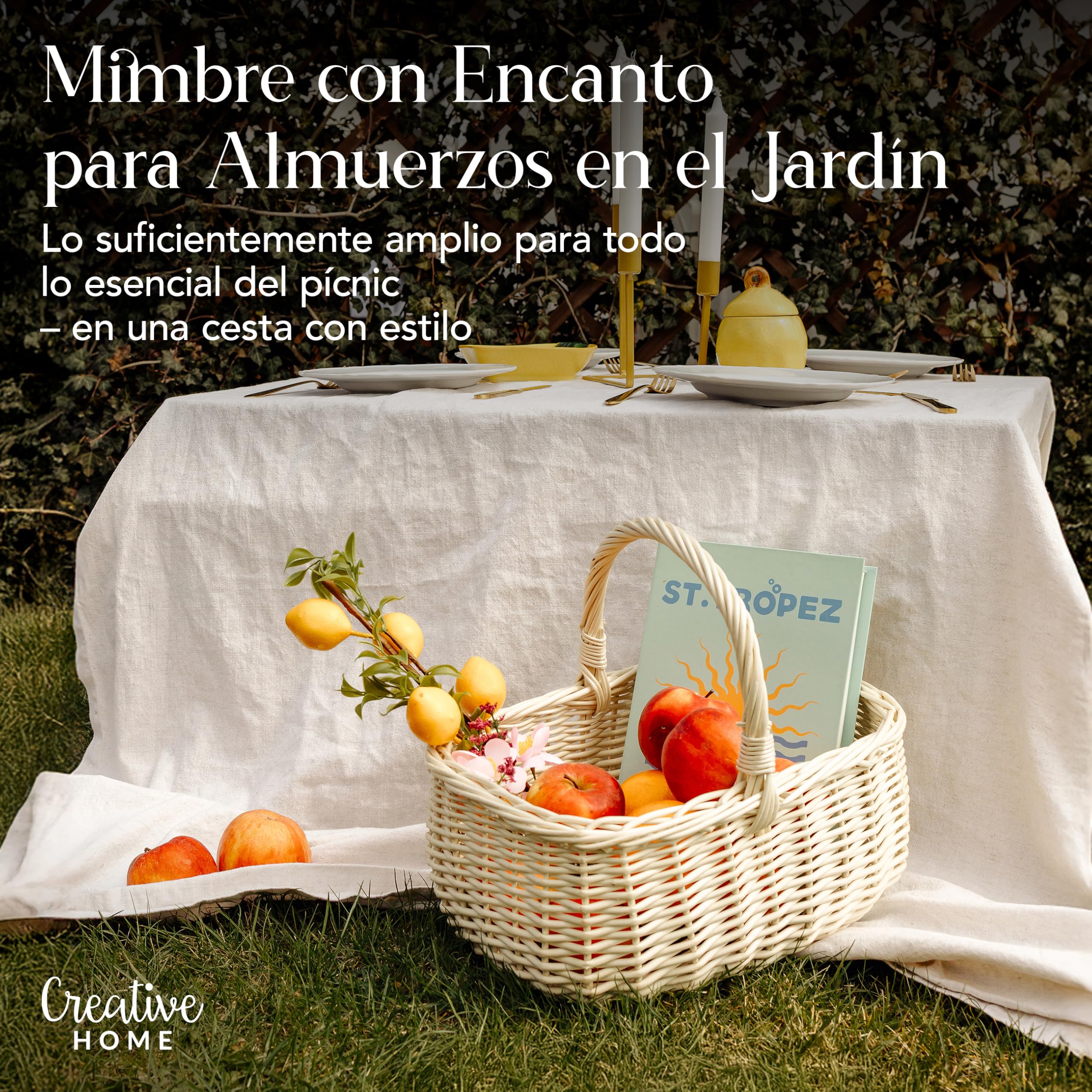 Creative Home Blanca Cesta de Mimbre Grande con Asa | 36 x 27 x 32 cm (+/- 2 cm) Ligera | para Picnic Plantas Almacenaje Decoración | Tejida a Mano | Marrón Natural | Multiuso, Práctica y Duradera