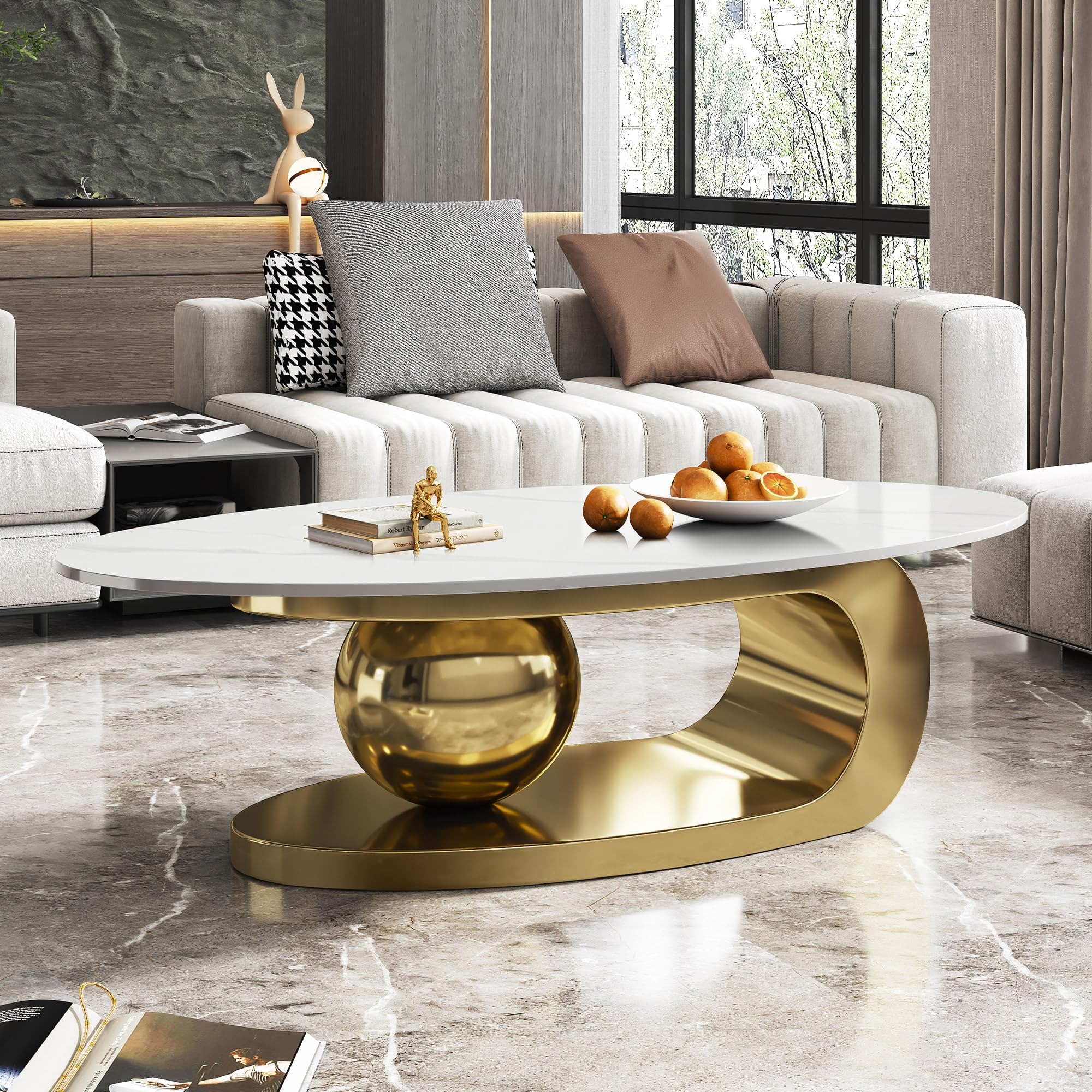 Modern Coffee Table with Gold Stainless Steel Pedestal,Oval