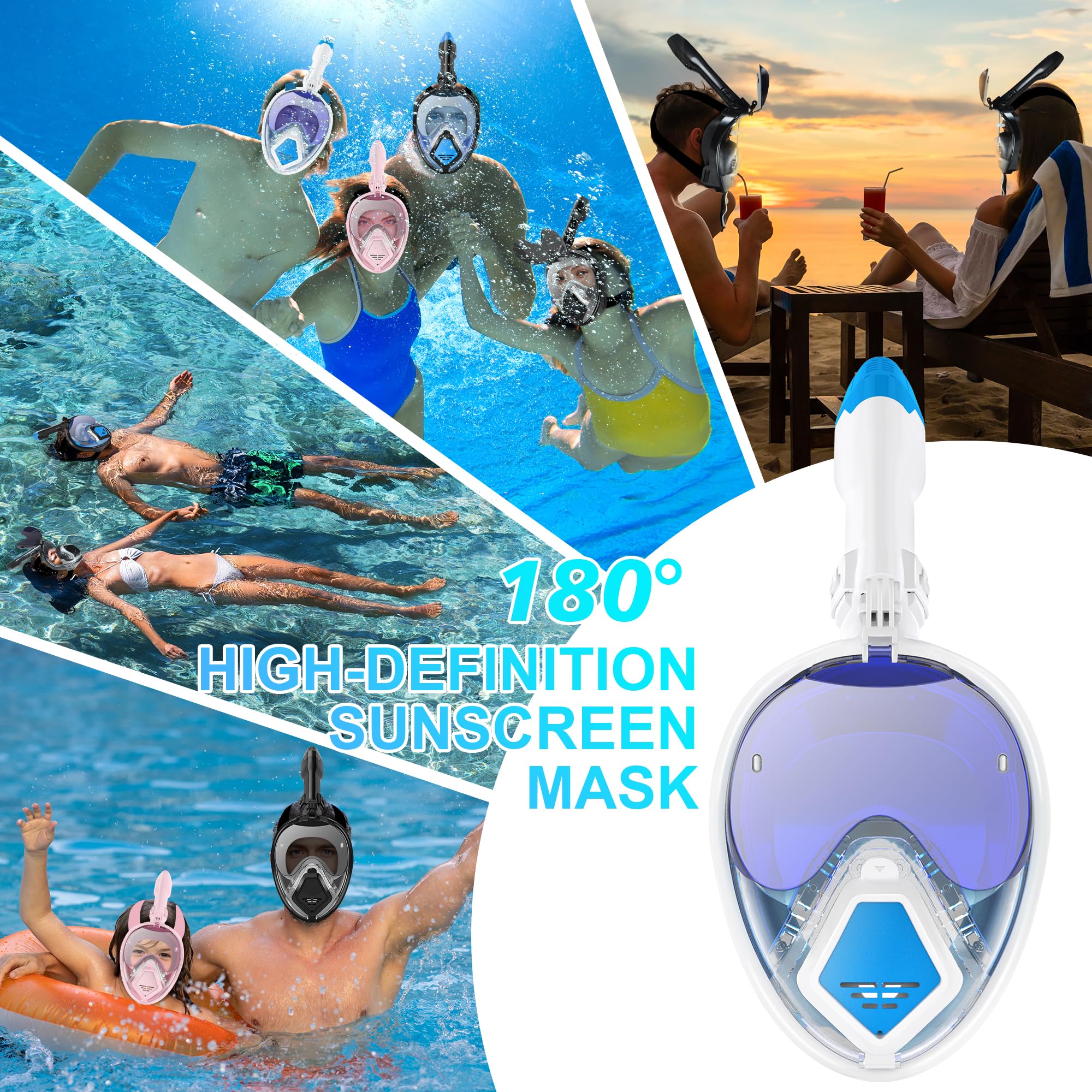 Devilfish - Máscara de esnórquel de cara completa para adultos, sistema de parte superior seca con gafas de sol plegables, equipo de esnórquel de visión panorámica de 180 grados, máscaras de