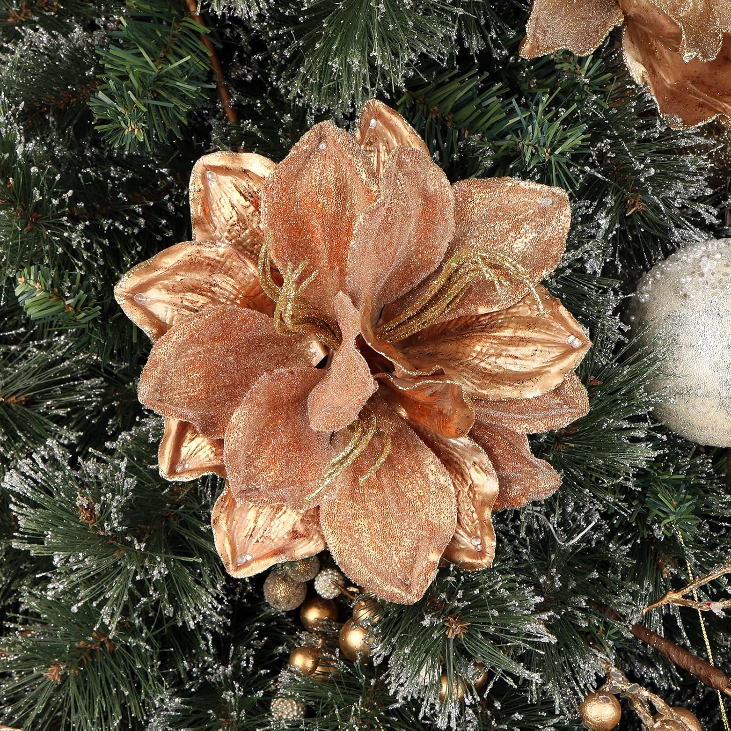 Briful 3PCS Christmas Glitter Poinsettia Flowers 3 Heads Large Artificial Amaryllis Floral Picks 24 Inch Long Stem Fake Flowers Ornaments for Christmas Tree Vase Table Centerpiece Decor (Bronze)