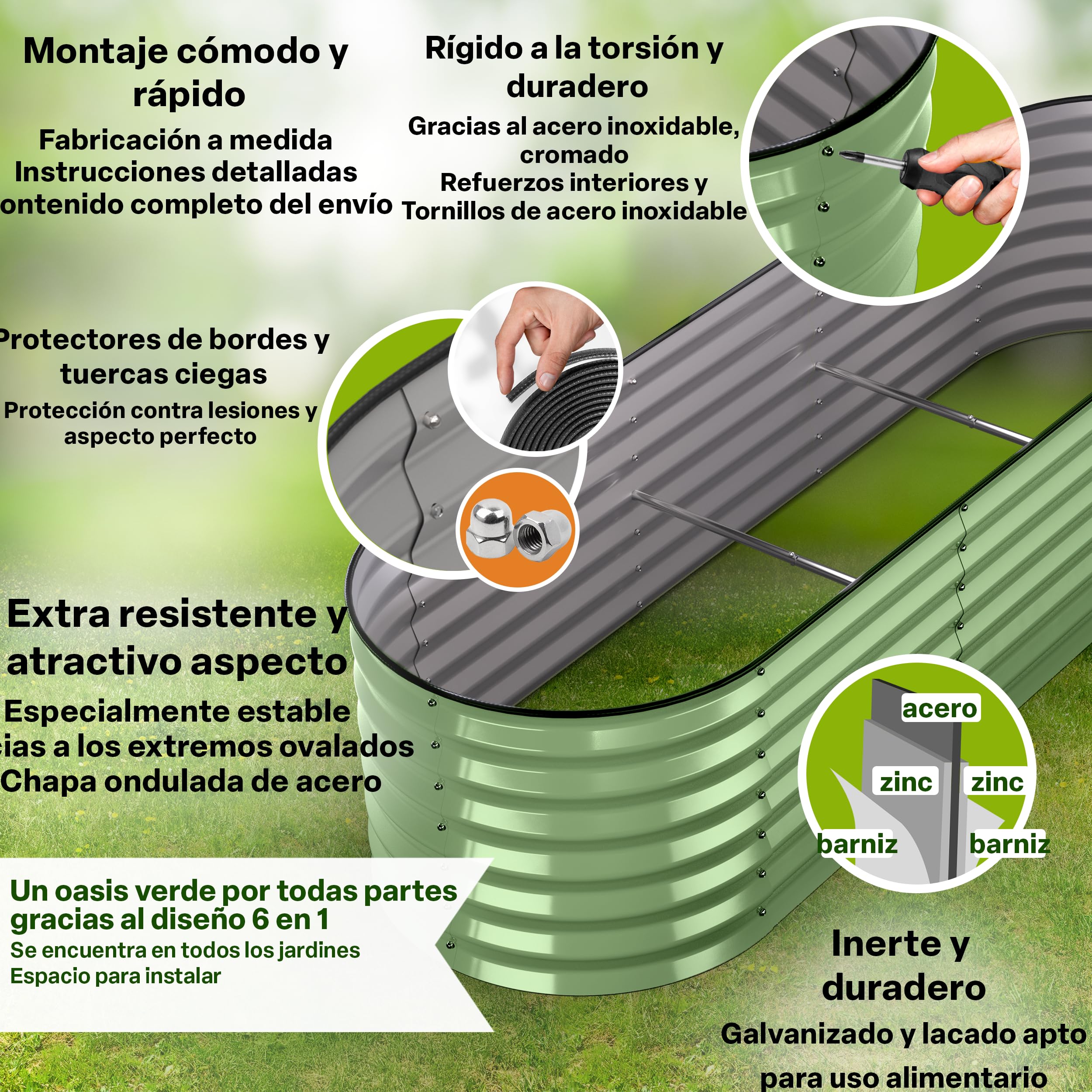 TTL GARDEN 200 x 60 x 45 cm Metal Hochbeet Fusion 6 en 1 Salvia Verde – Acero inoxidable galvanizado y lacado, 45 cm de alto 60 cm de ancho, forma ovalada, estable, jardín, bancal para verduras