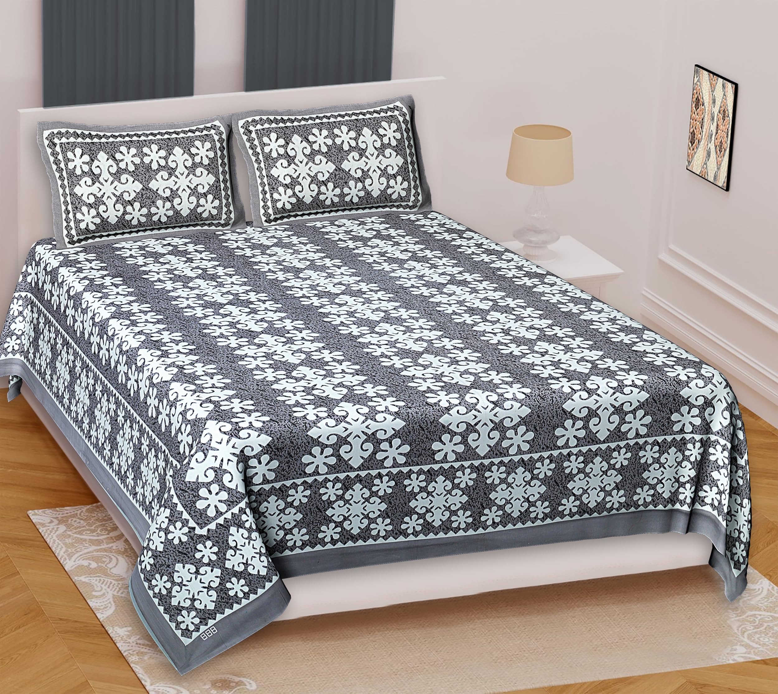 Marusthali Cotton Bed sheets with Pillow Cover Set Handmade Floral Printed Bedsheet Indian Designer Soft Bedcover 93 x 108 Inches (Grey)