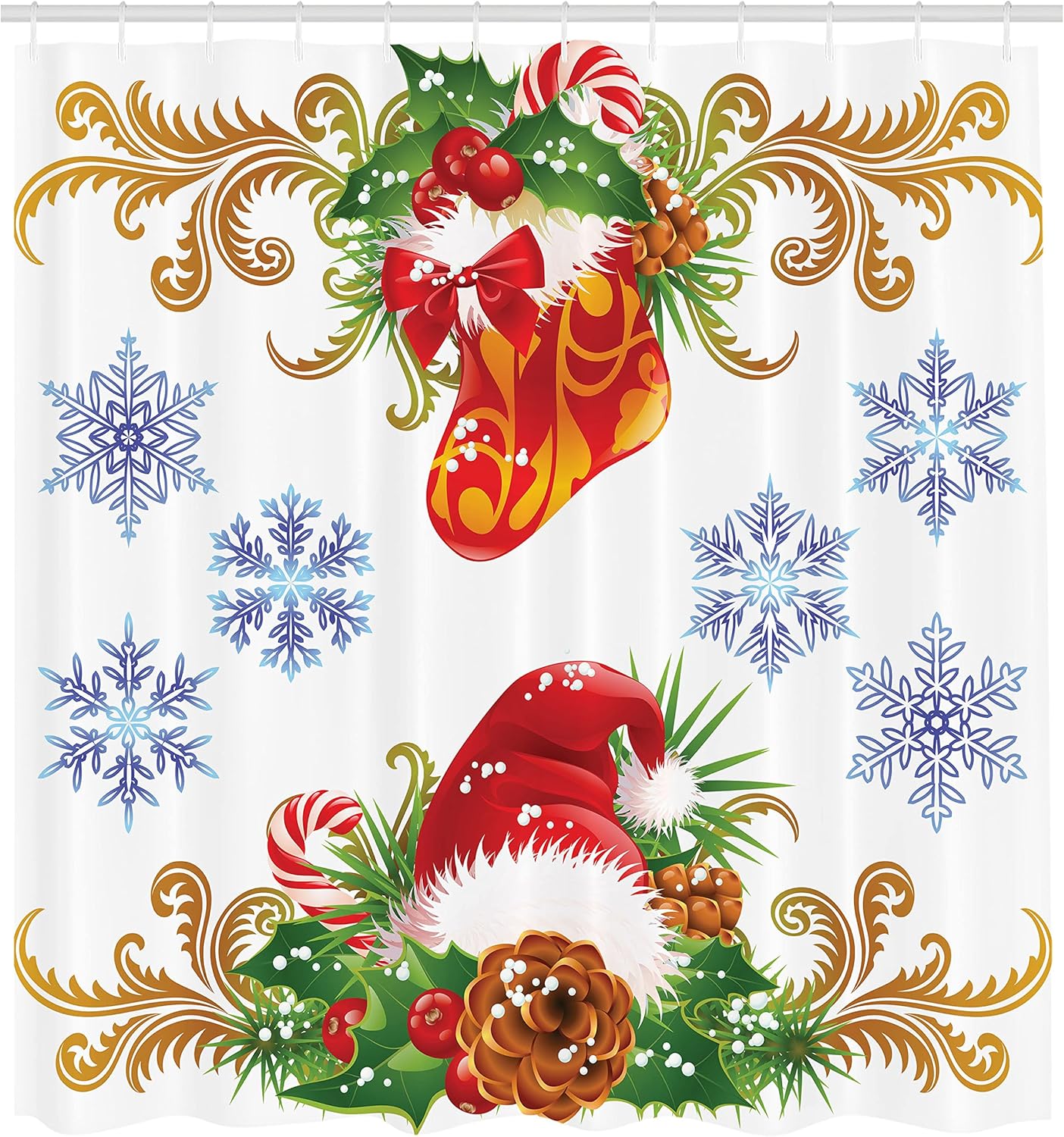 Ambesonne Christmas Shower Curtain, Classical Traditional Design Stocking Santa Claus Hat Mistletoe Snowflakes, Cloth Fabric Bathroom Decor Set with Hooks, 69" W x 75" L, Green and Red