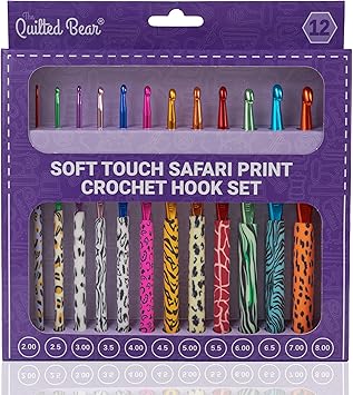 The Quilted Bear Safari Crochet Hook Set - 12 Ergonomic Soft Grip Crochet Hooks Set with Light Polymer Clay Handle for Comfortable Crocheting & Knitting 2mm-8mm