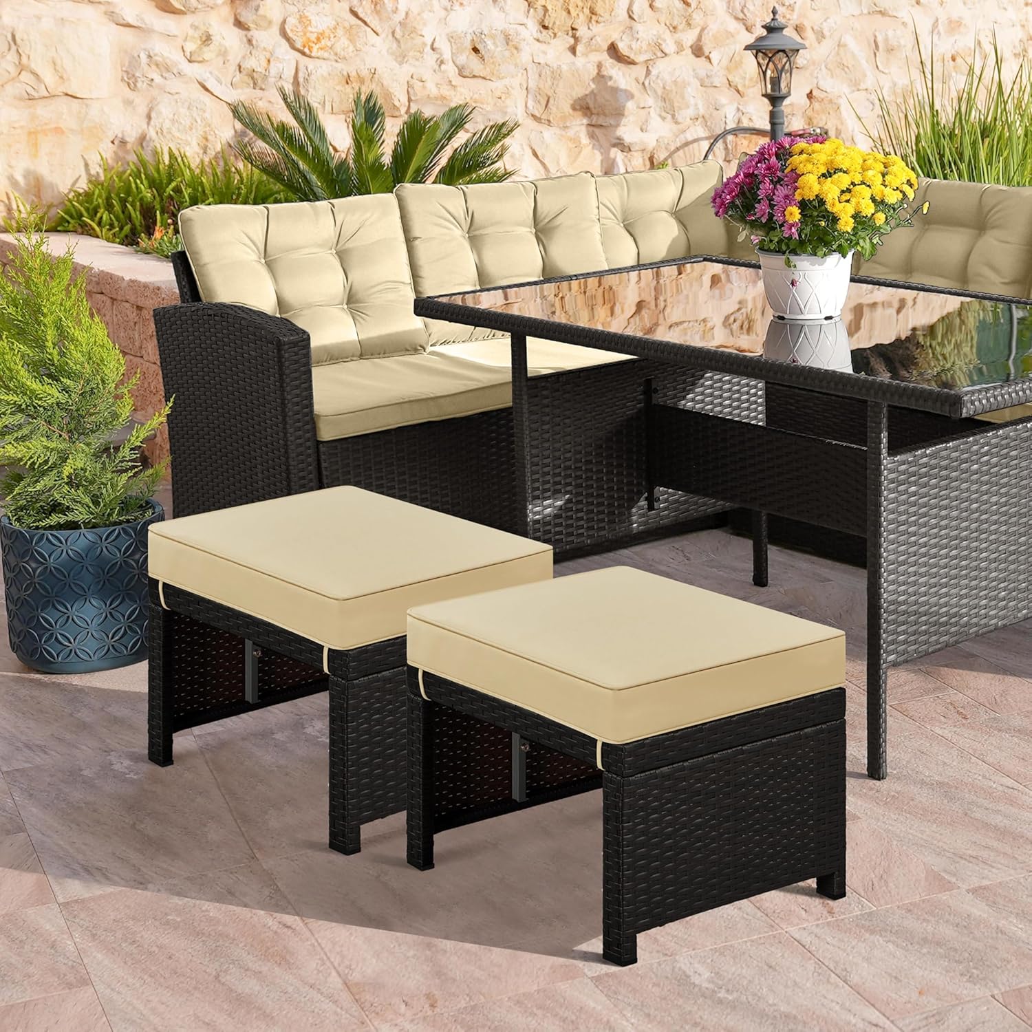 Wier Ottomans, Footrest with Removable Cush, PE Rattan Side