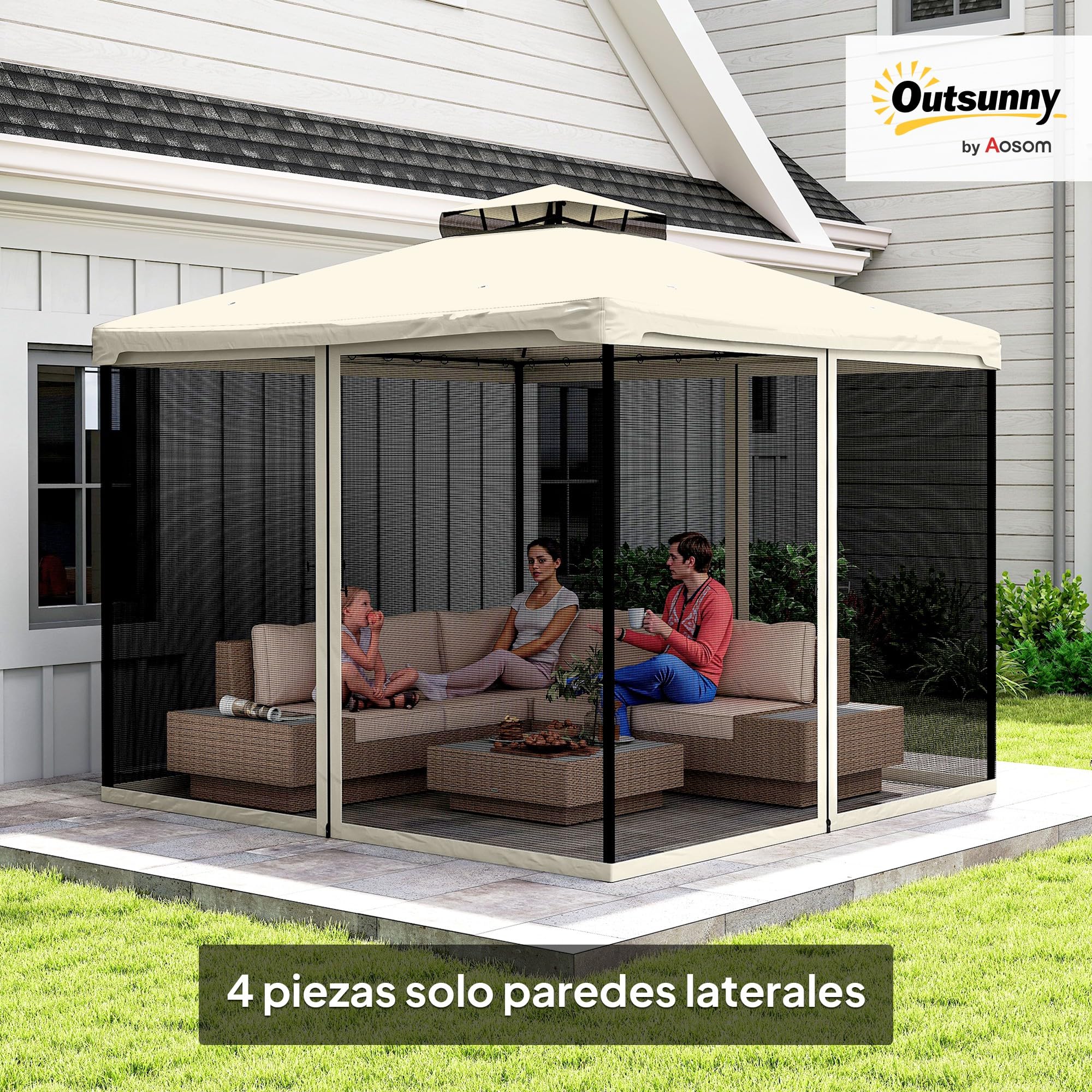 Outsunny 4 Paneles Laterales 3x2 cm para Carpa de Jardín Tela Mosquitera para Cenador Gazebo con Cremalleras y Anillas Negro