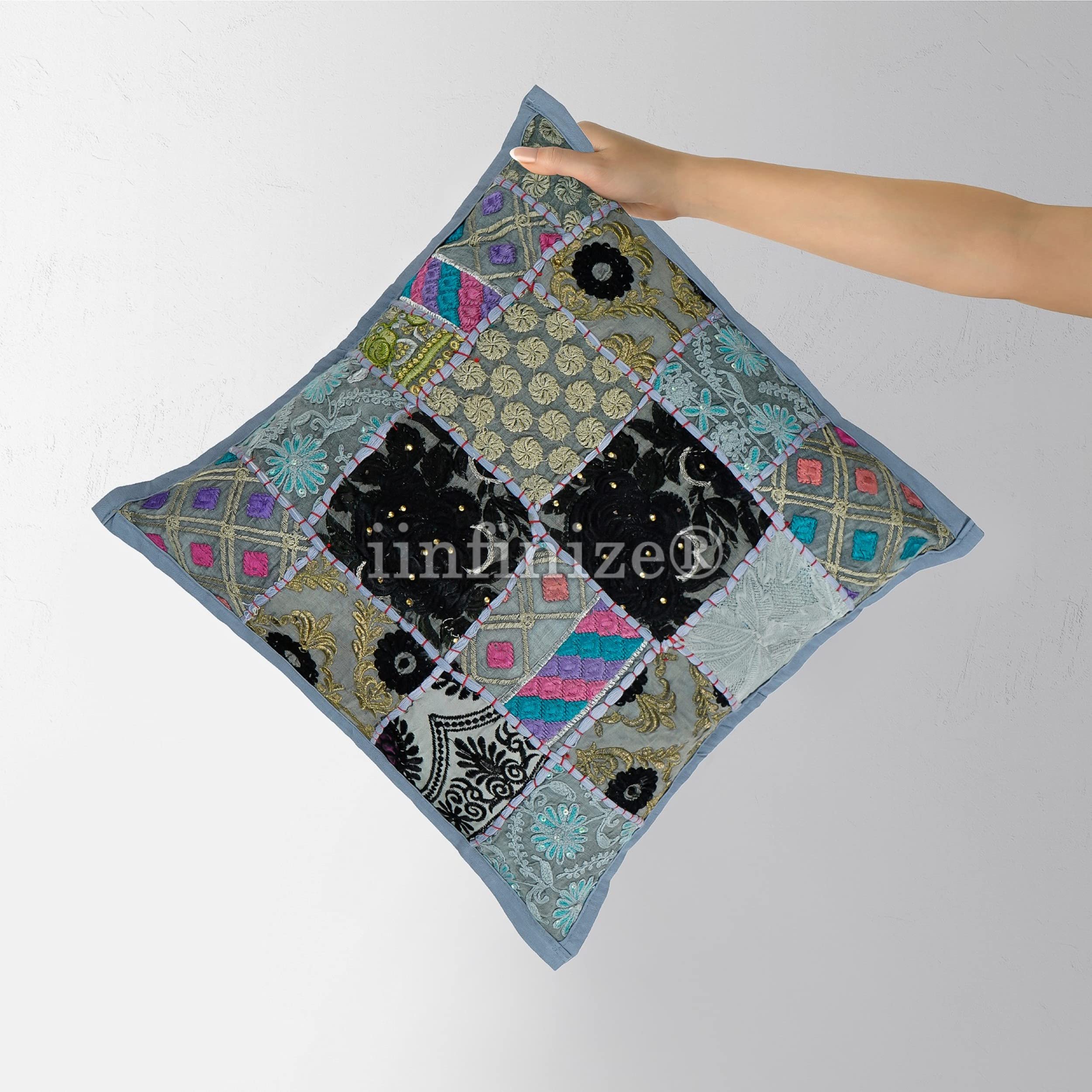 Beautiful Embroidery Pillow Patchwork Cushion Cover Design Pattern 16 Inch Cotton Cushion Case Square Pillow Decorative Pillow Sofa Pillow Bed Pillowcase Cushion Cover (Grey)