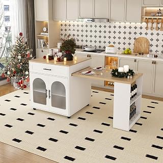 80" Kitchen Island with Extendable Dining Table, Marble Grain Top Mobile Kitchen Table Rolling Island Cart with Cabinet & 2 Drawers ＆ Power Outlet for Dining Room House Bar (White)