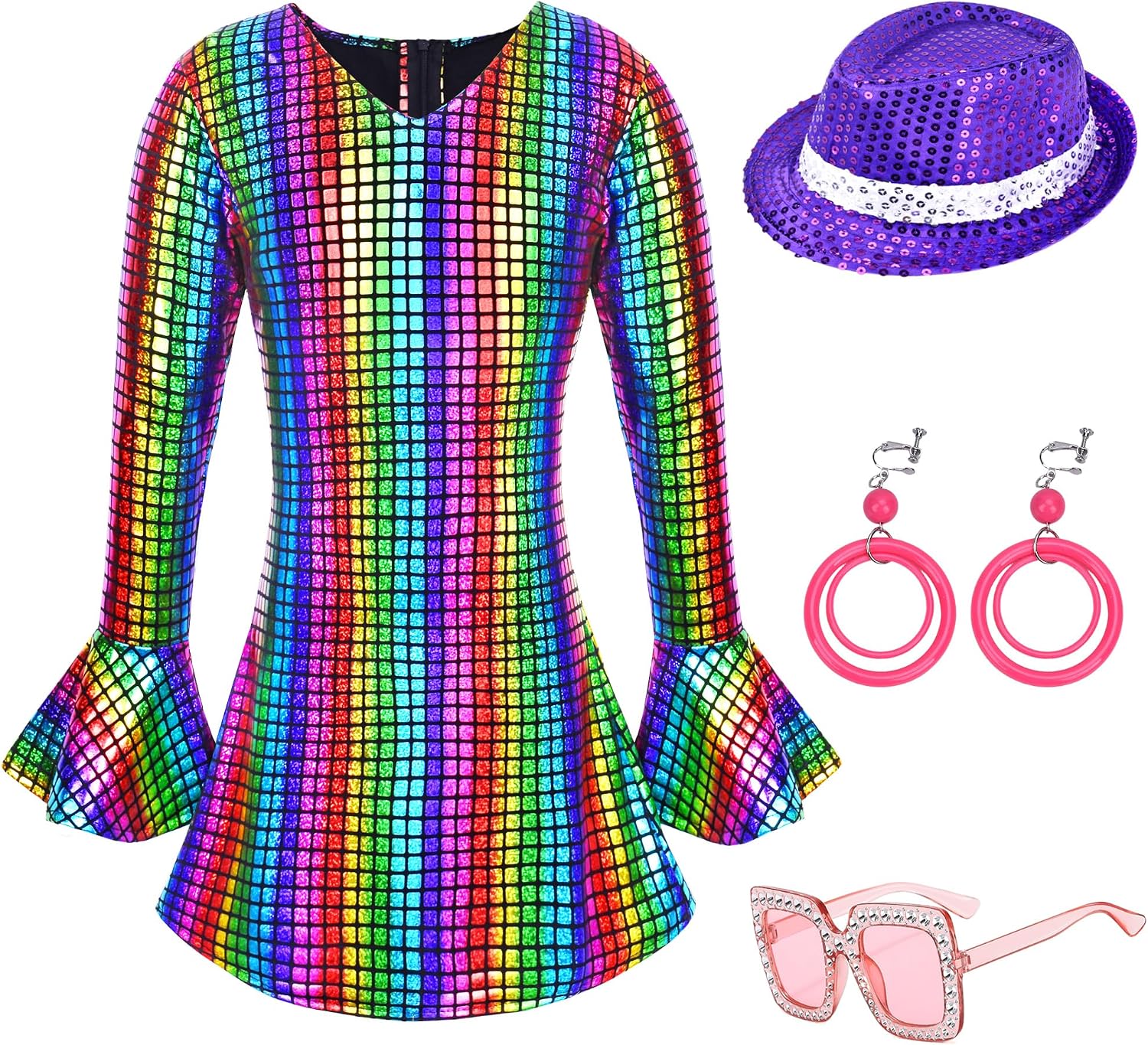 70s Disco Costume Outfit for Girls Bell Sleeve Sequins Dance Dress with Accessories Age 3-10