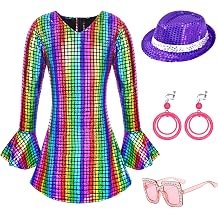 Kids Girls 70s Disco Costume - Sequin Dance Dress Outfit 3-10 | Kids 70s disco set with bell sleeve sequin gogo dress, hat, sunglasses & earrings, dress-up Halloween school dance
