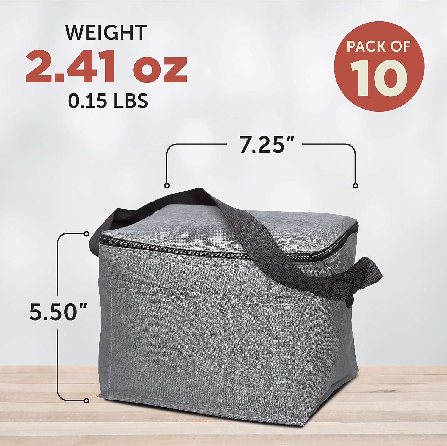 Insulated Cooler Lunch Bag Set of 10, Bulk Pack - Perfect for Work, Travel, Outdoor Events - Grey