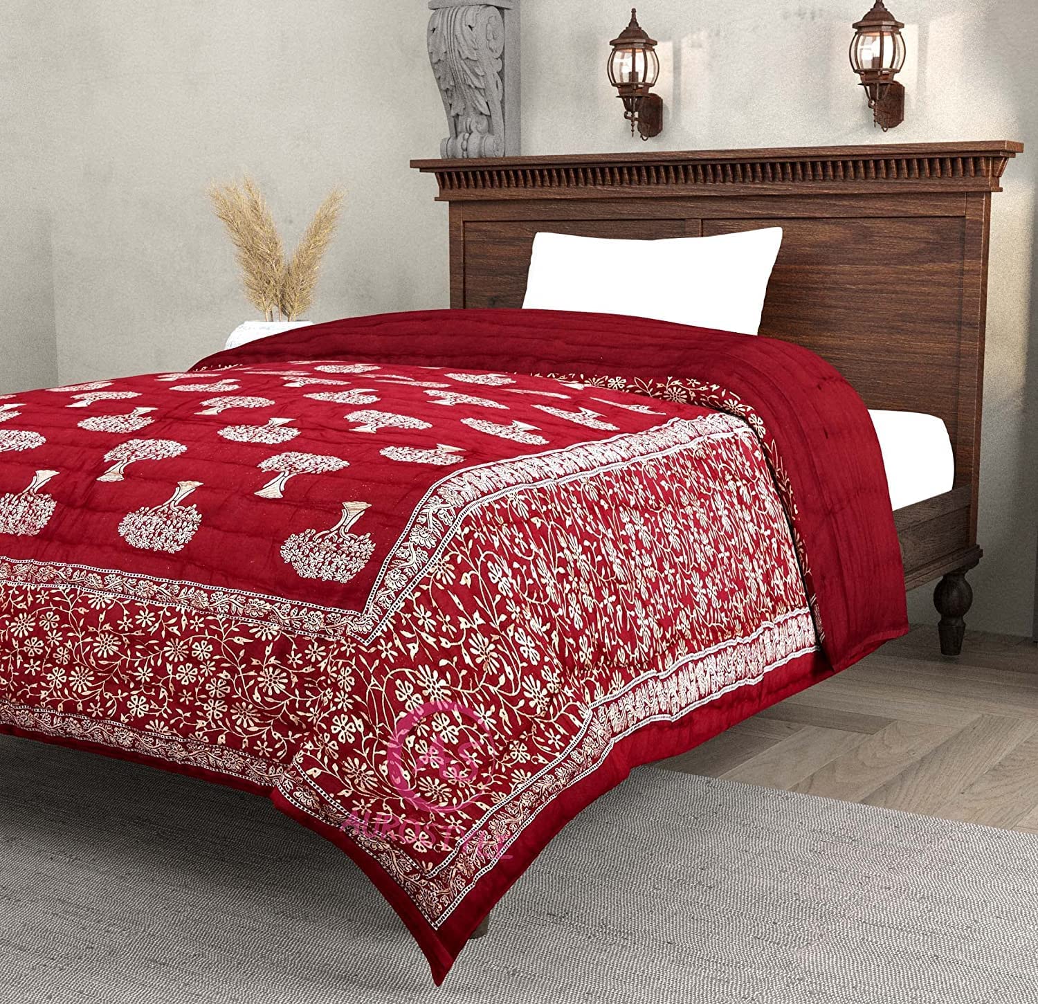 AUROSTYLE 400 TC Pure Cotton Floral Design with Gold Printed Traditional Rajasthani Jaipuri Quilt/Razai/Rajai (Light Weight, Double Bed-90 x 105 Inch) (Design 6)| TC - 400 1