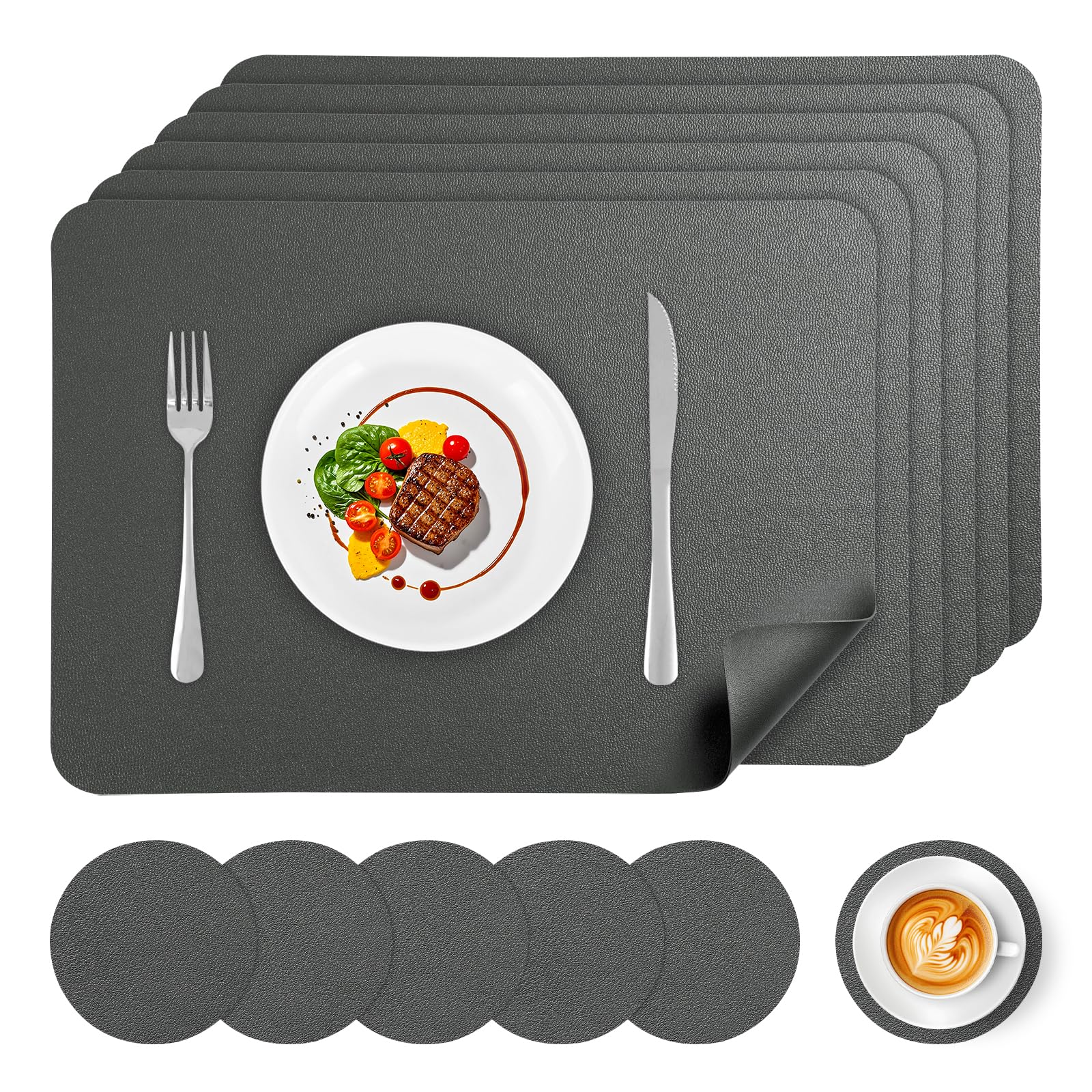 Placemats and Coasters Set of 6, Heat Insulation PU Leather Table Mats Waterproof Washable Dining Place Mats for Kitchen Indoor Outdoor Party,16.9 x11.8 inch - Grey