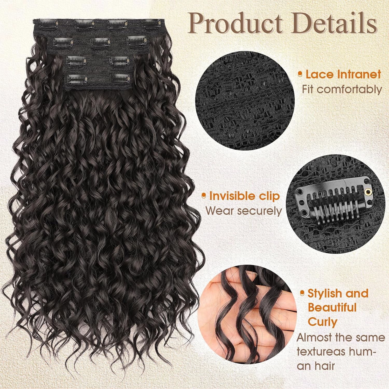 Curly Clip in Hair Extensions,4PCS 20 Inch 100％ Pure Protein Silk Hair Extensions long Soft Natural Hairpiece Lace Weft Curly Wave Clip Ins Extensions Invisible for Women(Dark Brown)