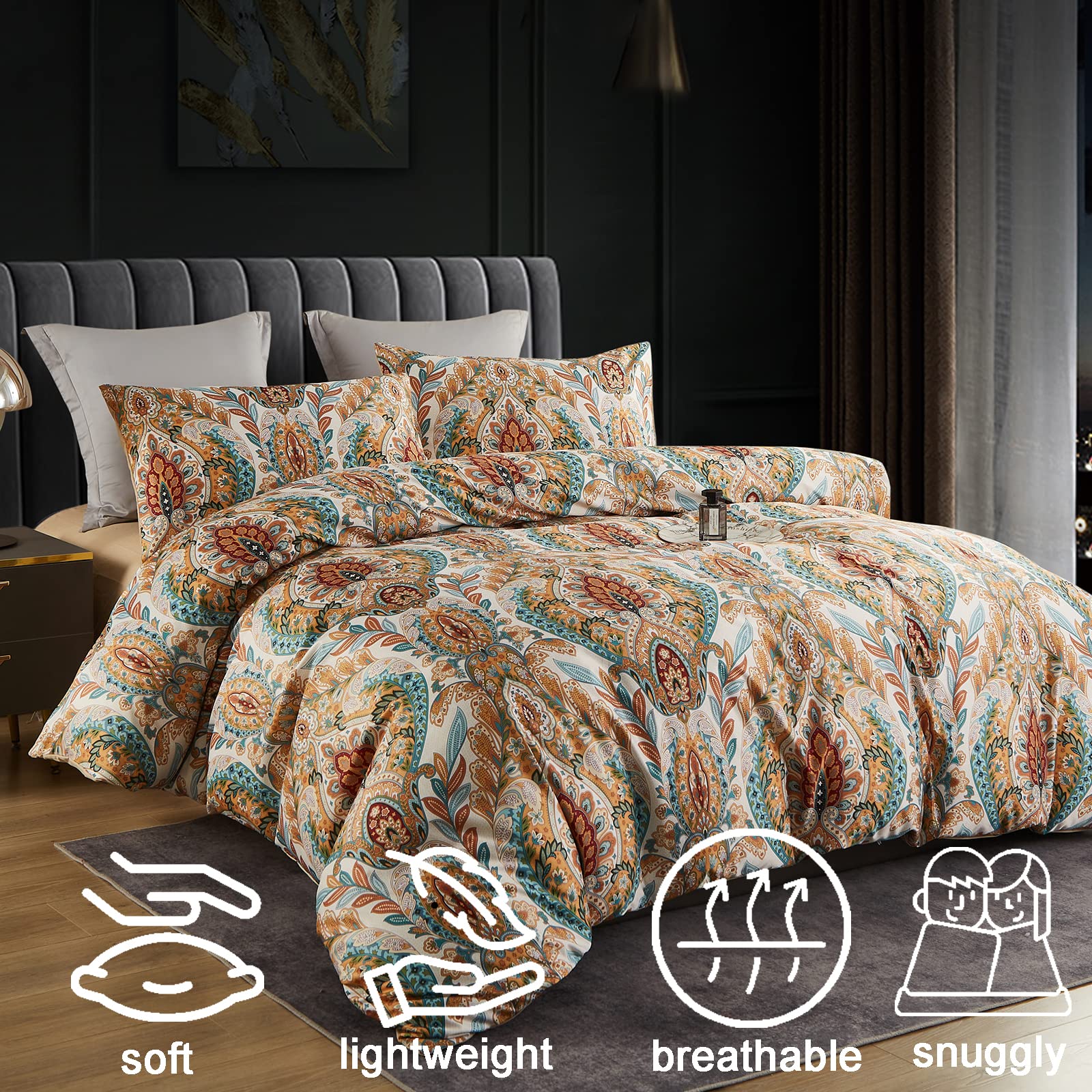 MorroMorn Floral Duvet Cover Queen 3 Pcs Comforter Bedding Set Cute Aesthetic Shabby Chic Retro Vintage Hippie Soft Lightweight (Damask, Full/Queen)