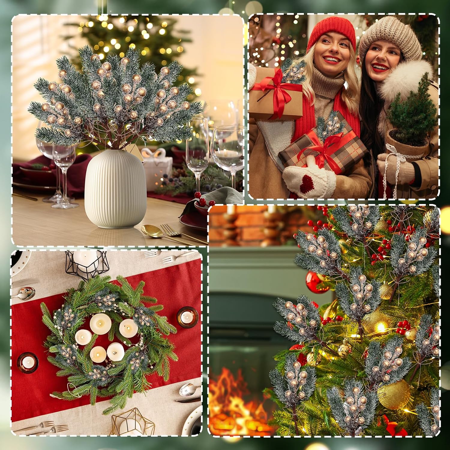 40 Pcs Christmas Tree Ornaments Gold Berries Pine Cones for Crafts 8inch Artificial Floral Picks Fake Berry Picks Stems and Sprays with Brown Pine Cone for Vase Floral Wreath DIY Decor(40 Pack/Gold)