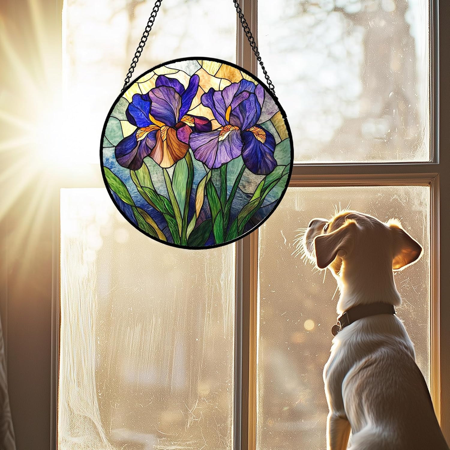 Stained Glass Window Hanging - Purple Iris Birth Flower Suncatcher for Doors Garden Yard Sun Catchers Decor Christmas Mother's Day Birthday Plant Gifts for Teacher Women Mom Nana 9.8 in
