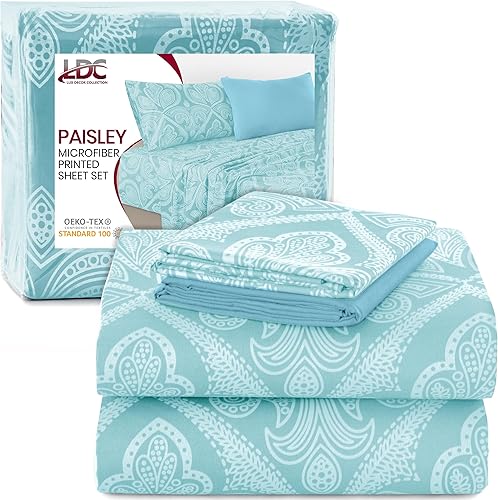 LDC LUX Décor Colección - Juego de sábanas para cama de tamaño individual con estampado de cachemira – 4 piezas de sábanas de microfibra ultra