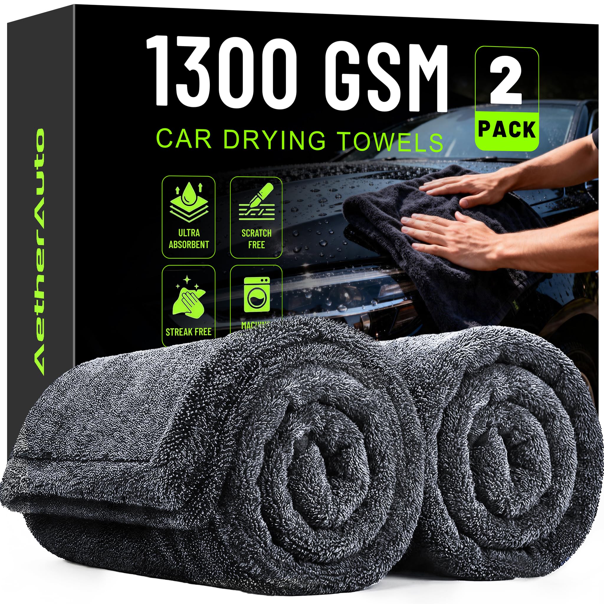 AetherAuto 1300GSM Car Drying Towels: 2-Pack 36"X24" - Super Absorbent | Zero Streaks, No Scratches, Water Spot Free - Microfiber Drying Towels Car Detailing – Twist Pile & Edgeless Design