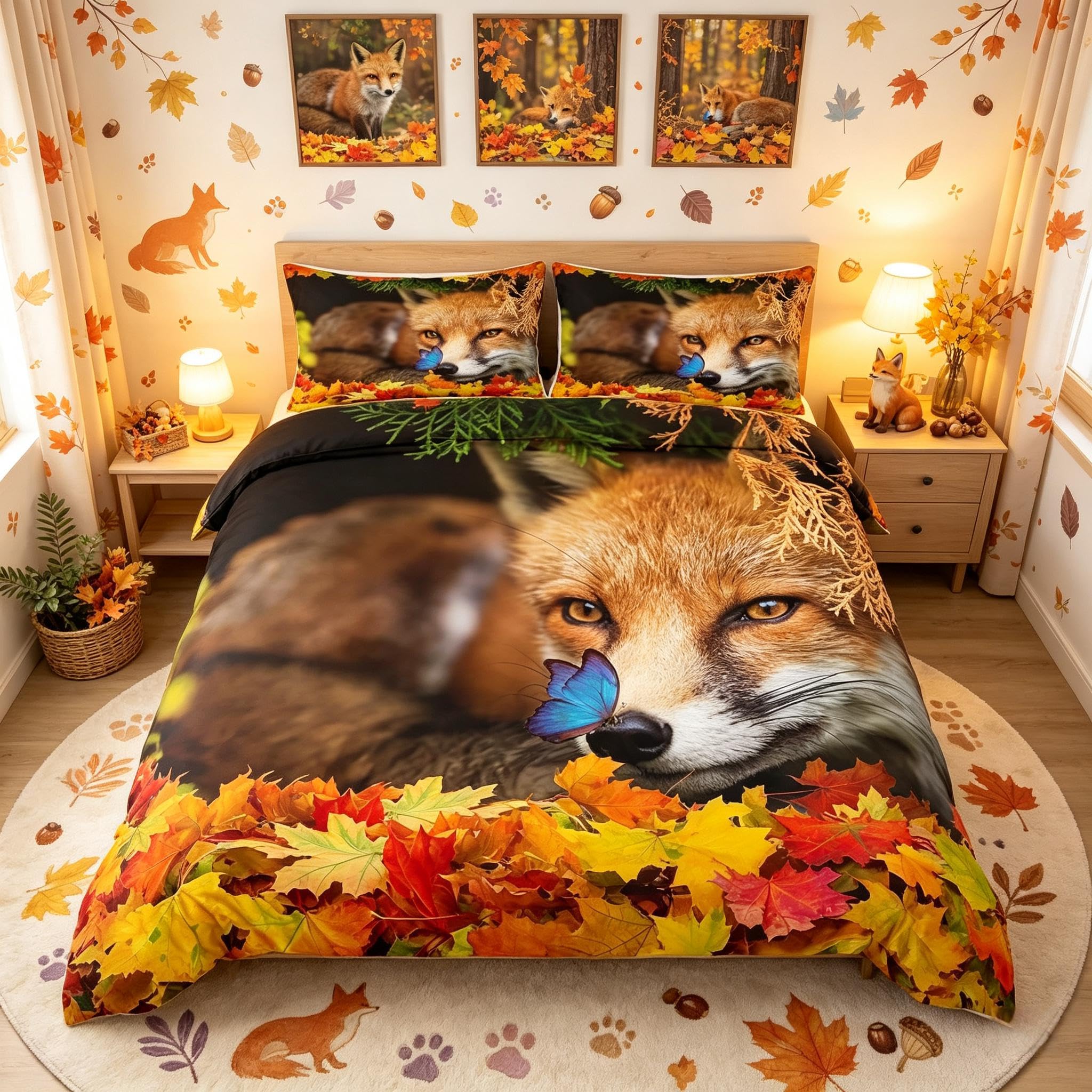 Loussiesd Fox Bedding Set 3D Animal Comforter Cover for Kids Adult Woodland Fox Butterfly Duvet Cover Botanical Leaf Nature 3Pcs Double — image 1