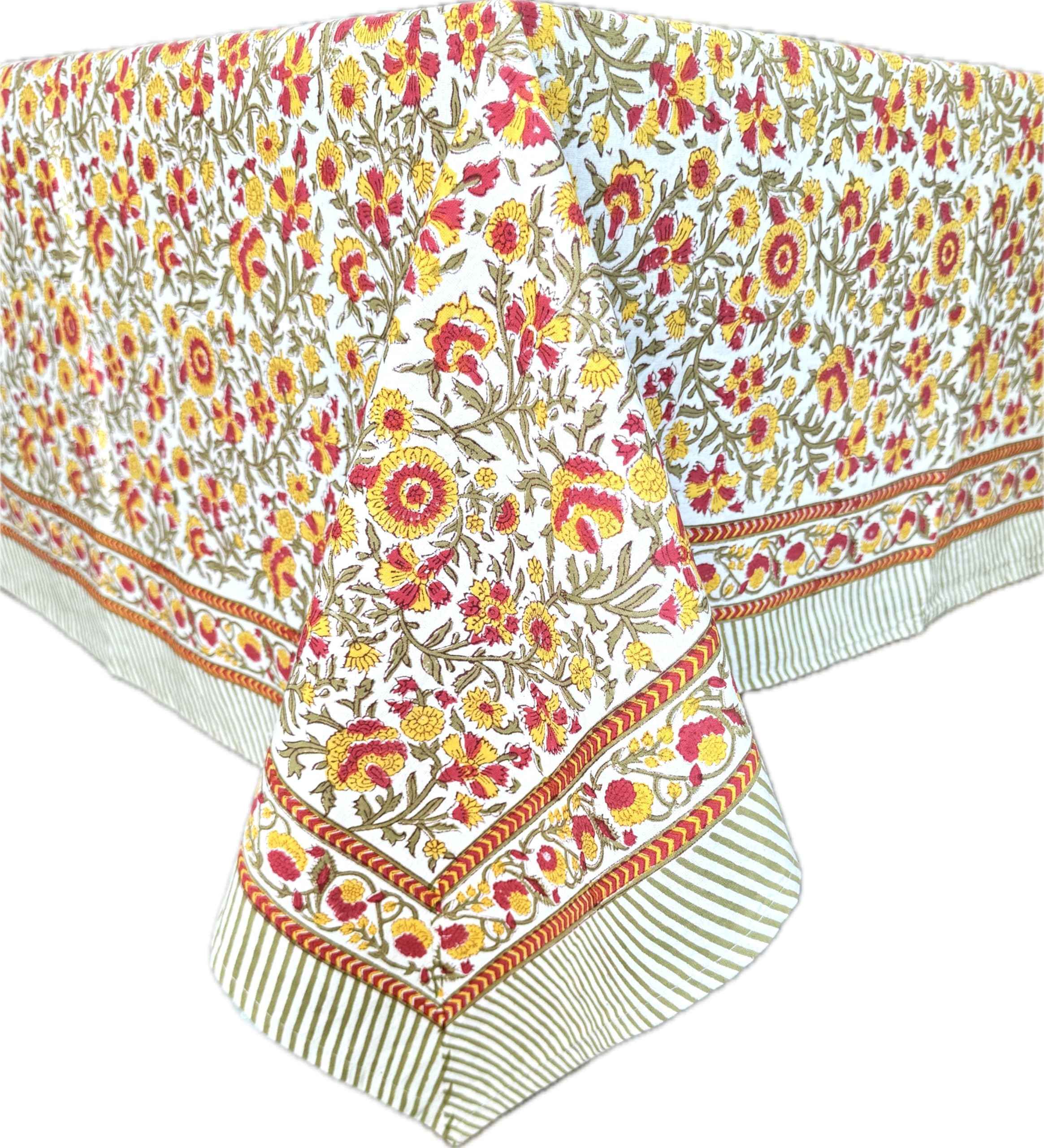 ATOSII Marigold 100% Cotton Spring Summer Tablecloth, Block Print Rectangle Table Cover for Dining, Parties, Weddings, Outdoors, Grand Millenial Decor 60 X 108 Inches I 8 Seater I