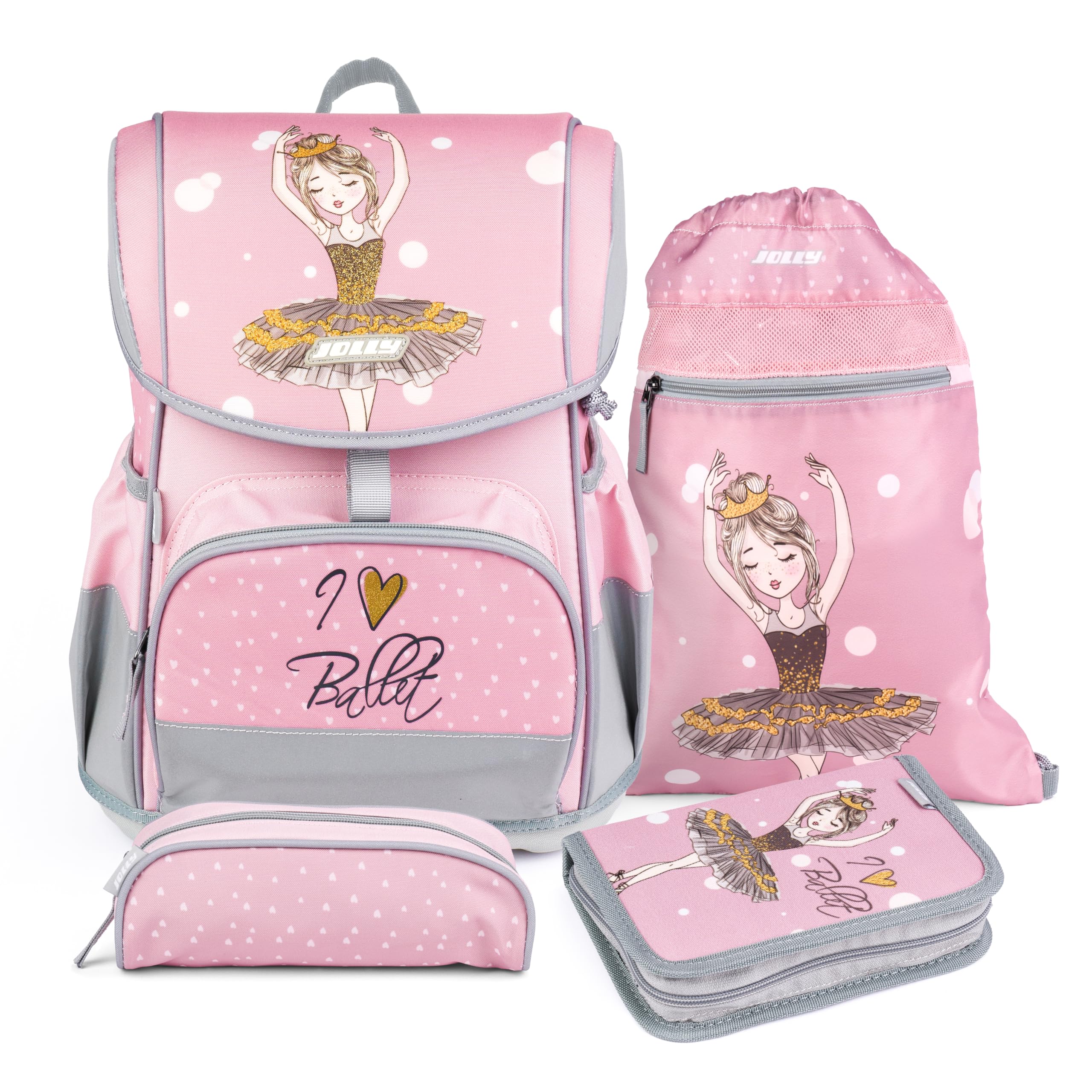 JOLLY I Love Ballet – Flexi Set: Ergonomische Schultasche 6-12 mit Push-System, Magnetverschluss, isoliertem Frontfach & umfangreichem Schulzubehör