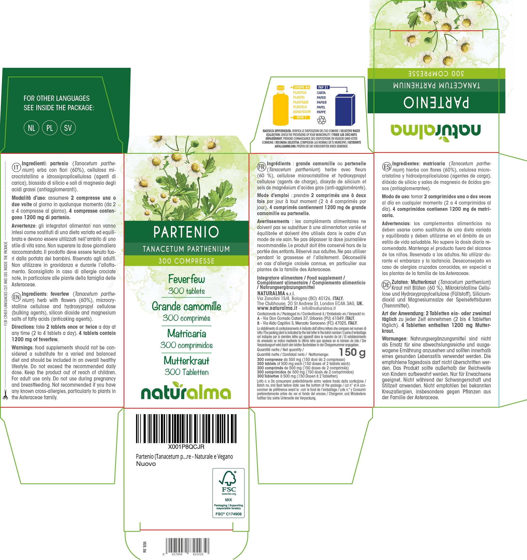 Mutterkraut (Tanacetum parthenium) Kraut mit Blüten Naturalma - 150 g - 300 Tabletten - Nahrungsergänzungsmittel - Natürlich und Vegan
