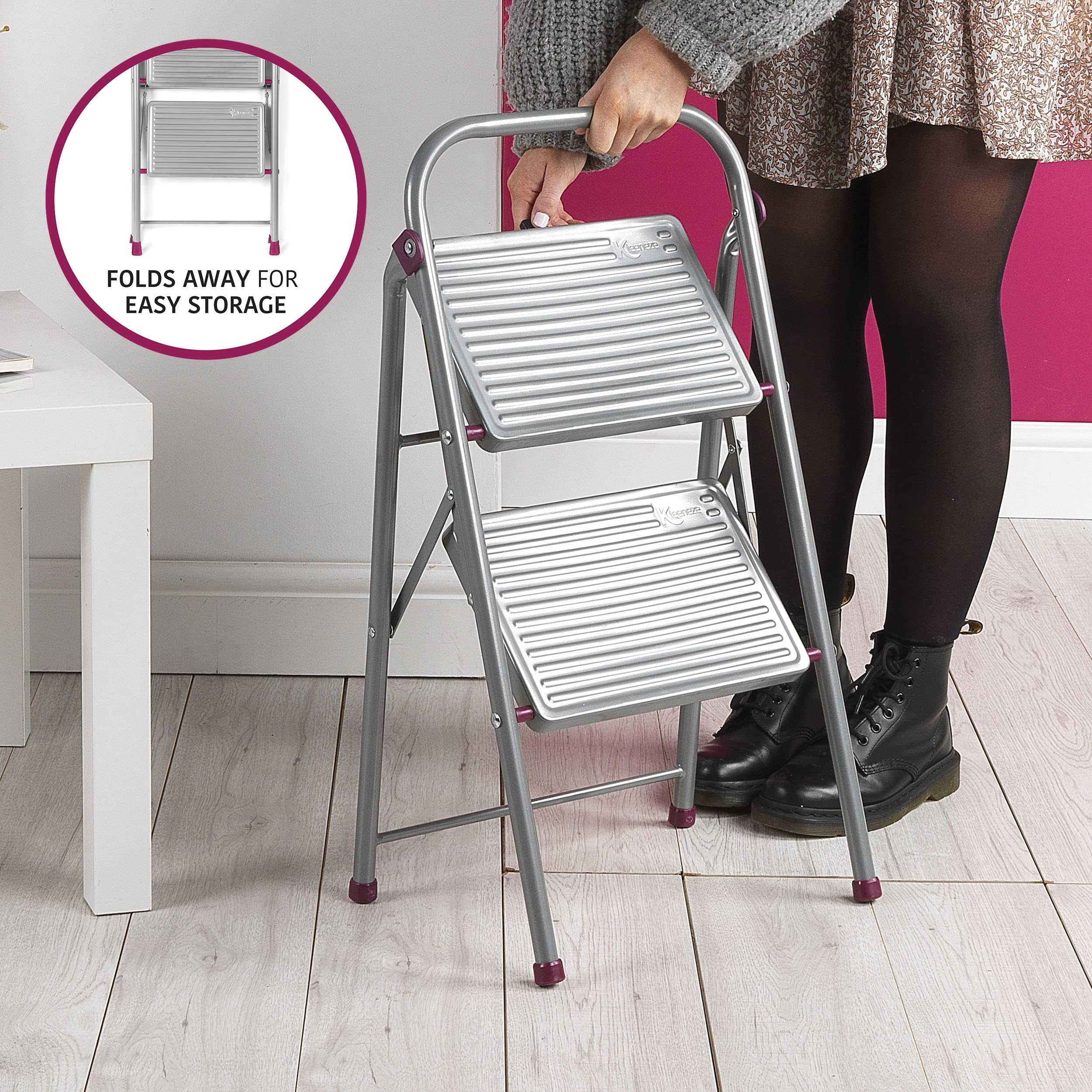 Kleeneze KL068491EU 2-stopniowa drabinka domowa, 80 cm, rózowo-szara, antyposlizgowa, skladana konstrukcja ulatwia przechowywanie, idealna do trudno dostepnych miejsc, maks. obciazenie 150 kg