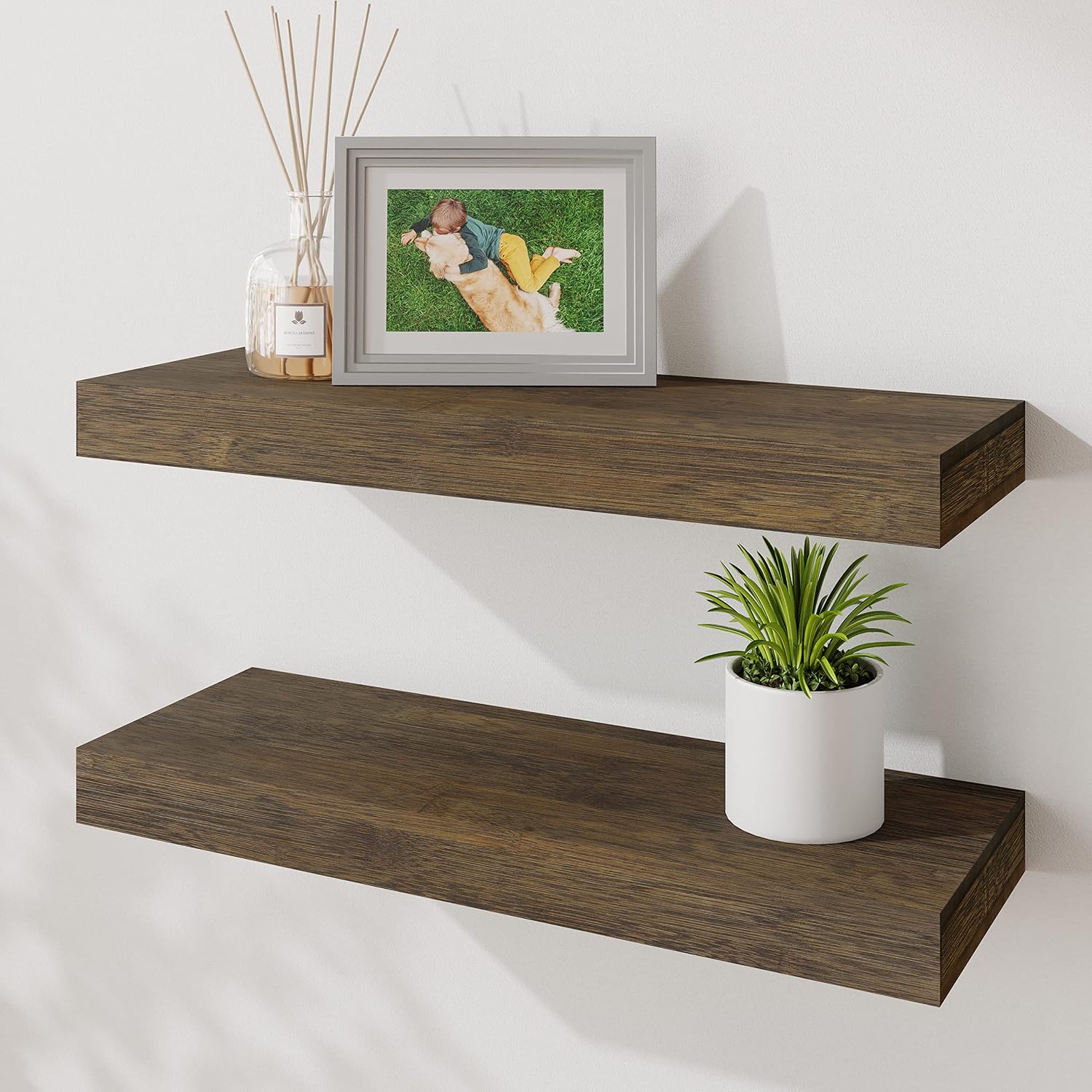 BAMFOX Floating Wall Shelf Set of 2,Natural Bamboo Wall Decor Storage Shelf，Wall Mount Display Rack for Bedroom, Living Room, Bathroom, Kitchen, Office and More
