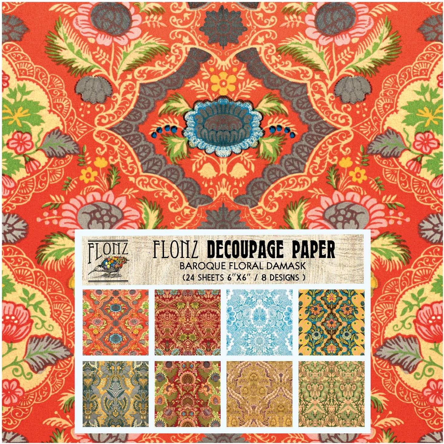 Decoupage Paper Pack (24 Sheets 6"x6") Baroque Floral Damask Vintage Styled Paper for Decoupage, Craft and Scrapbooking