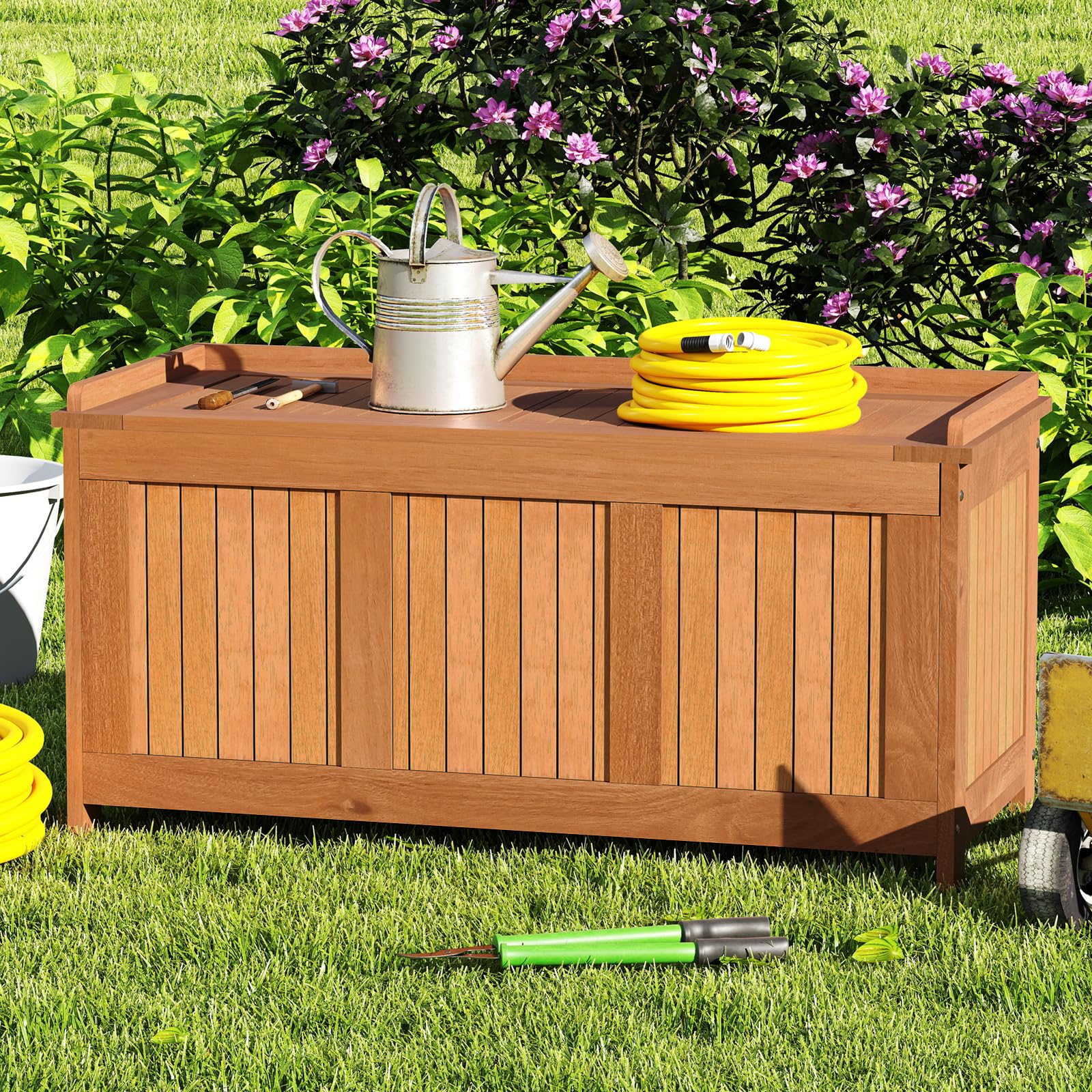 COSTWAY Baule da Giardino 220L, 3 in 1 Cassapanca Contenitore in Legno Massello con Coperchio Ribaltabile e Bordi Rialzati, Panca Portaoggetti per Interni e Esterni, 113,5 x 52 x 58,5 cm